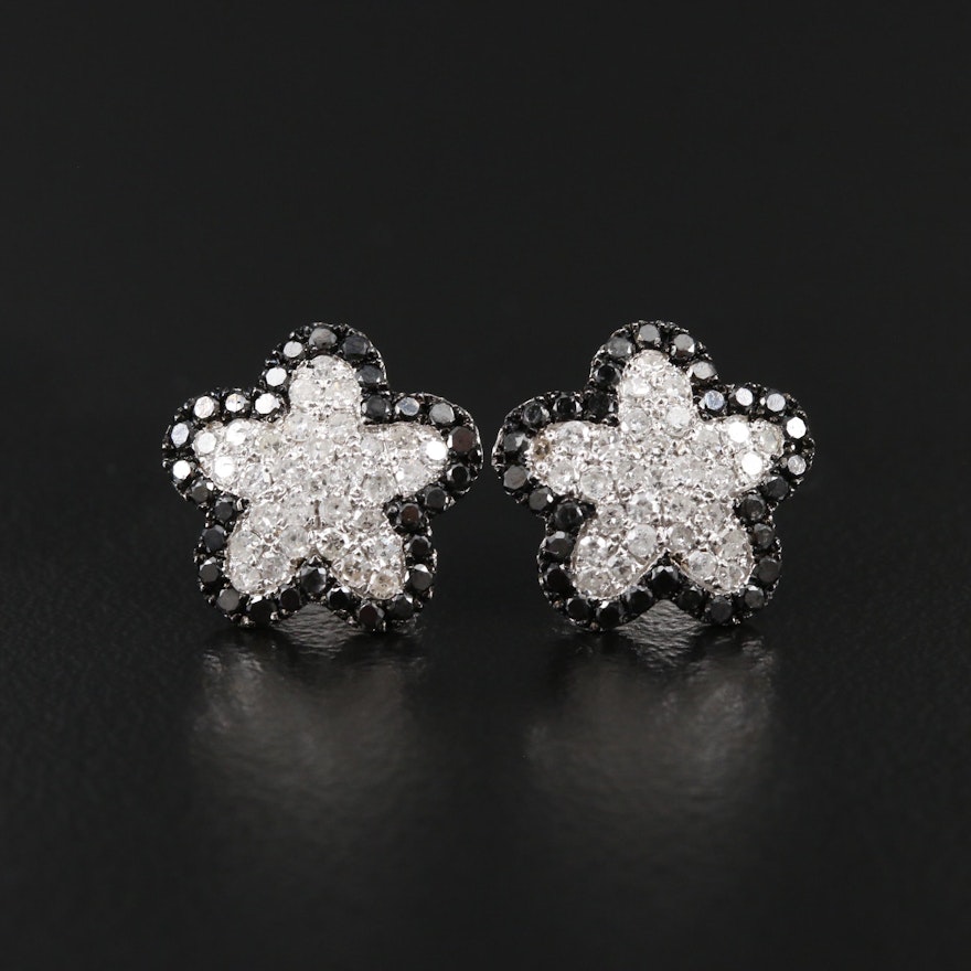 14K White Gold Diamond and Black Diamond Floral Earrings