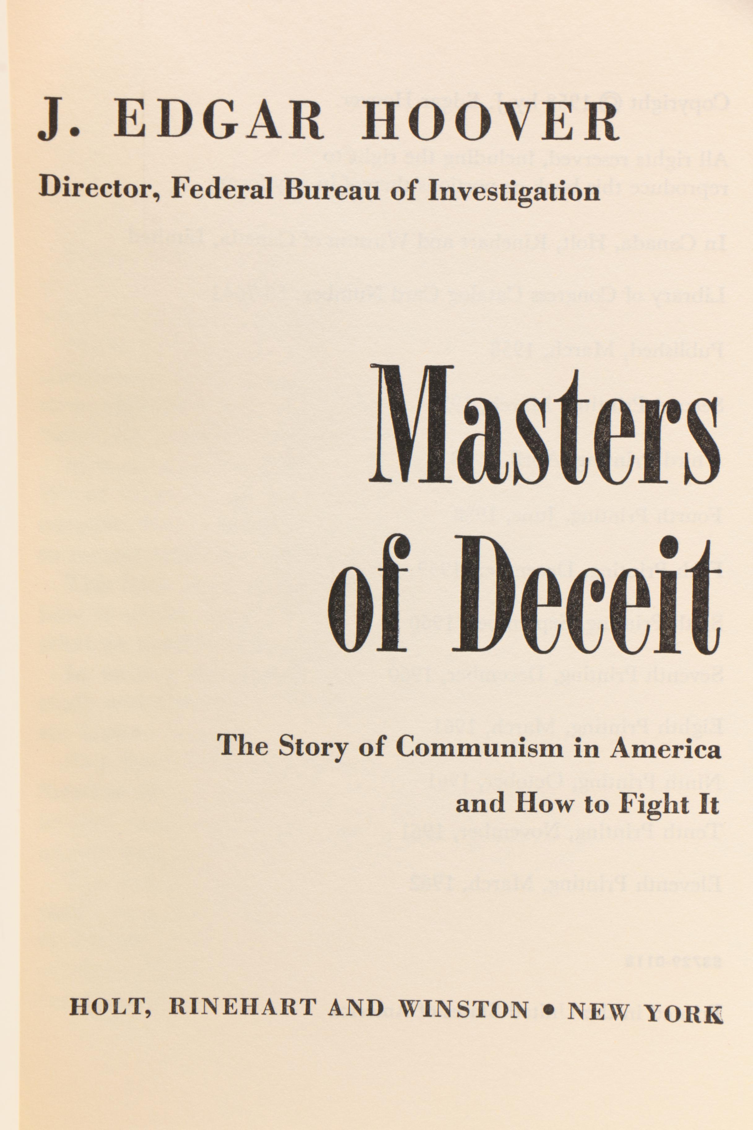 Signed Eleventh Printing "Masters of Deceit" by J. Edgar Hoover, 1962
