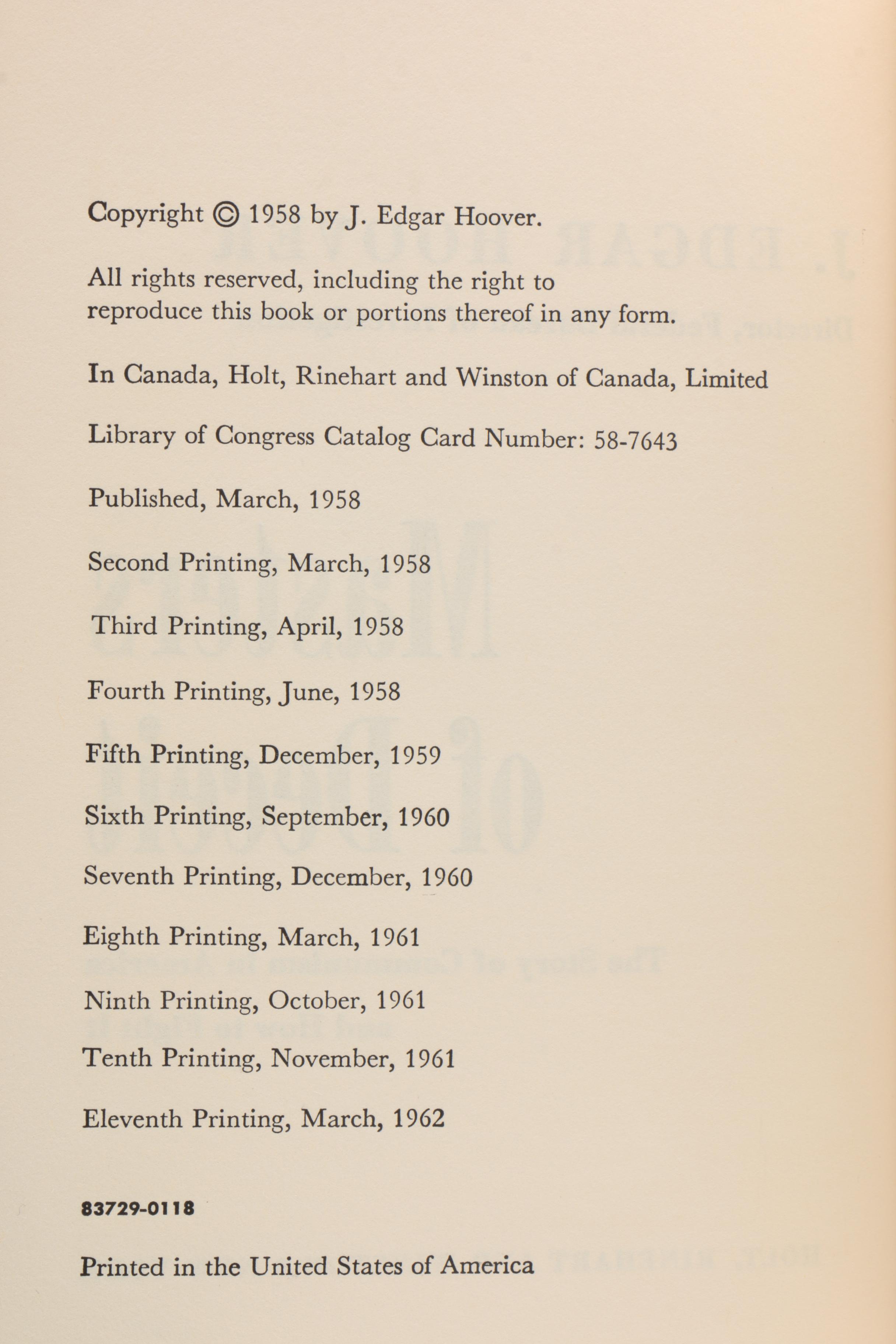 Signed Eleventh Printing "Masters of Deceit" by J. Edgar Hoover, 1962