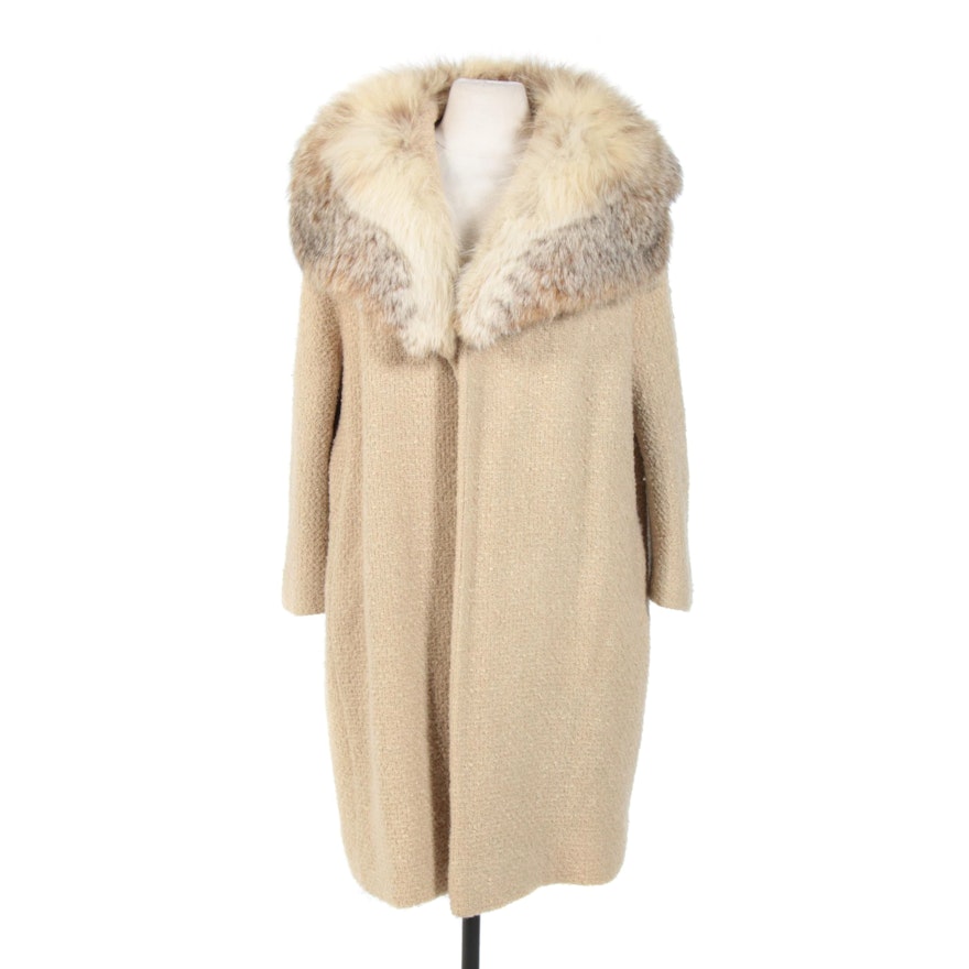 Bouclé Open-Front Coat with Fox Fur Shawl Collar, Vintage