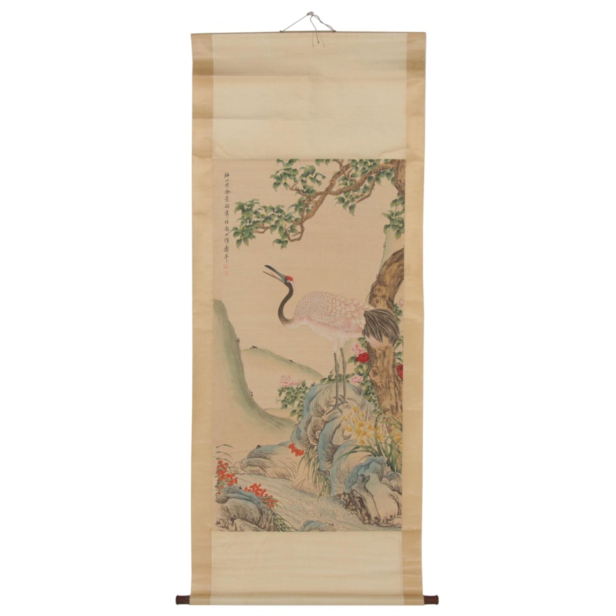 Chinese Crane Gouache and Watercolor Hanging Scroll