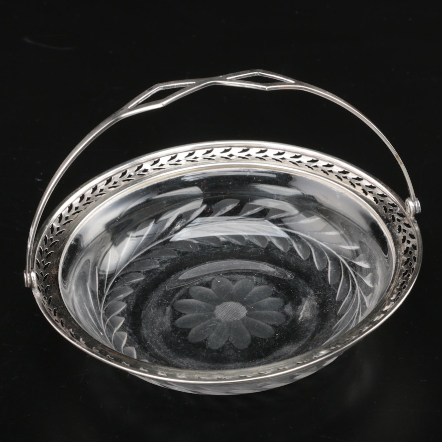 Webster Co. Pierced Sterling Silver and Etched Glass Bonbon Basket