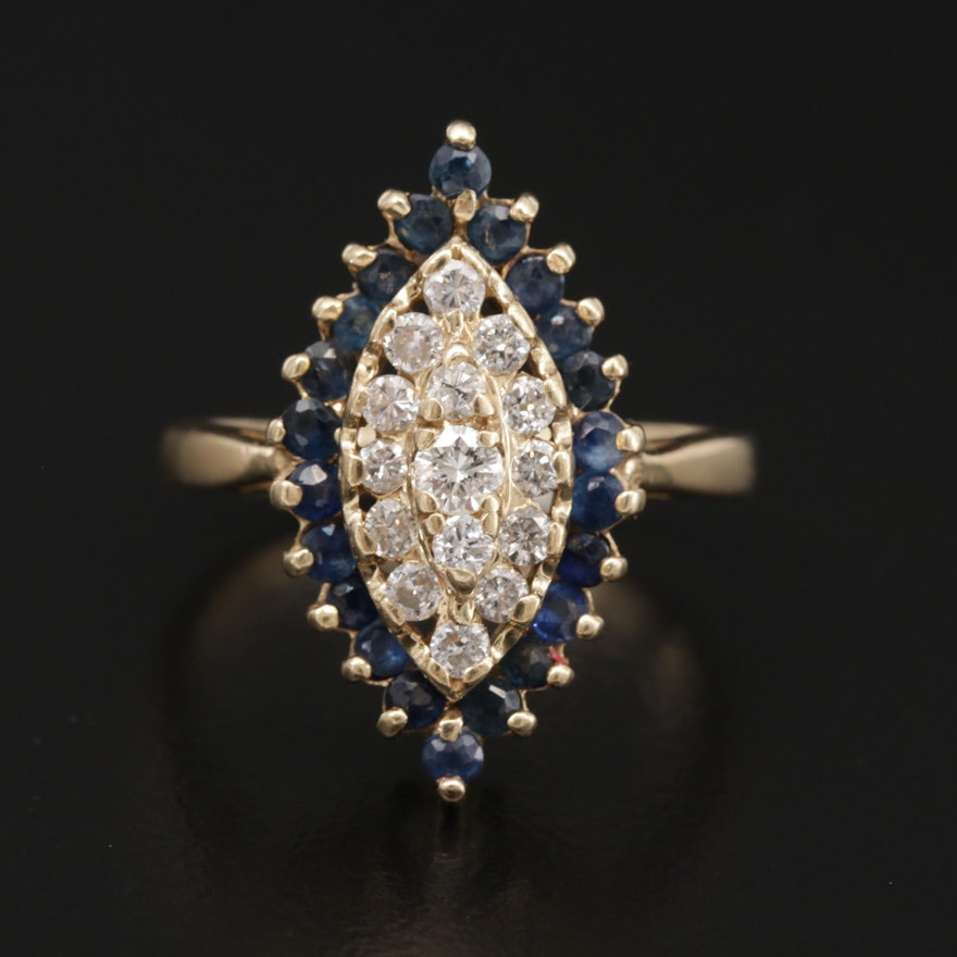 14K Yellow Gold Diamond and Sapphire Navette Ring