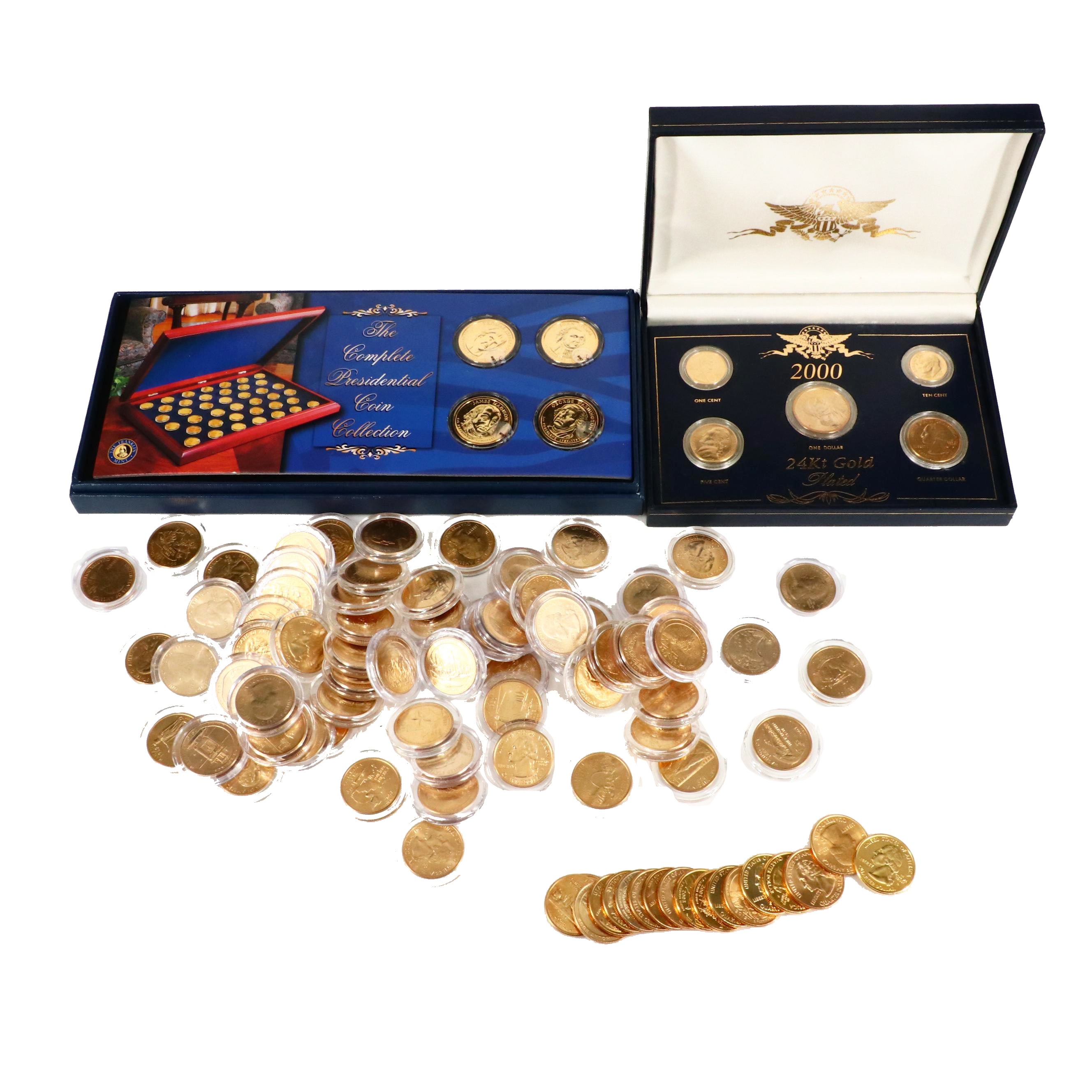 Assortment of Gold-Plated Presidential Dollars, Statehood Quarters and More
