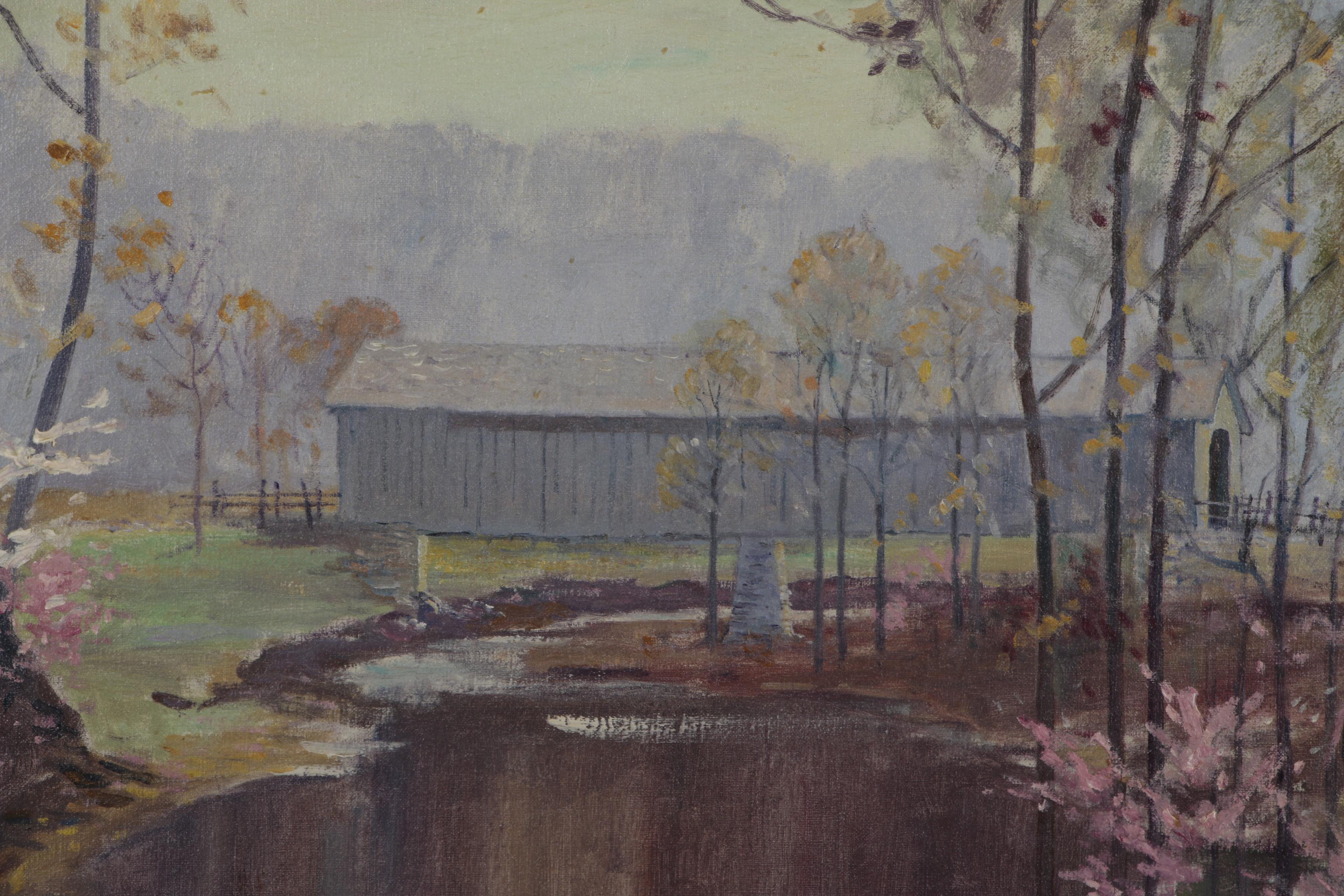 Francis Clark Brown Oil Painting of a Covered Bridge