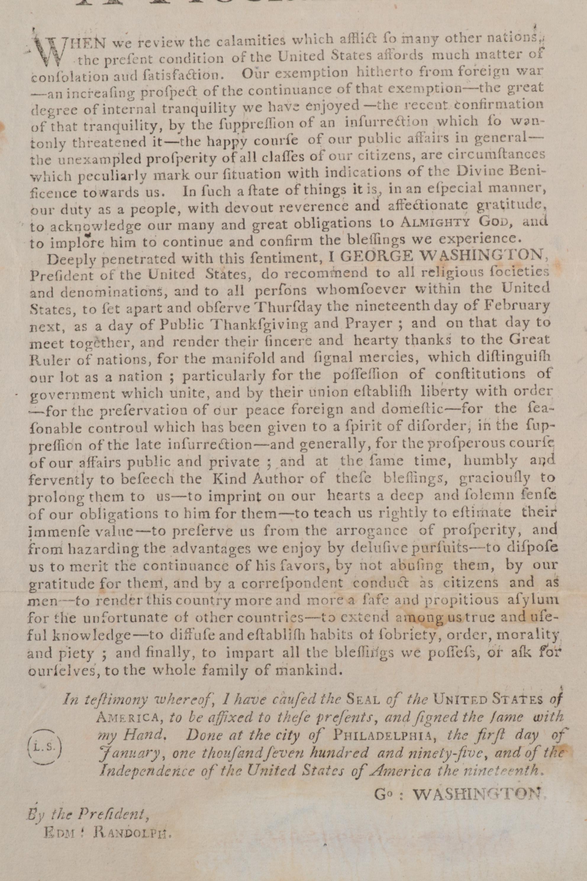 George Washington Printed Proclamation of Thanksgiving and Prayer, 1795