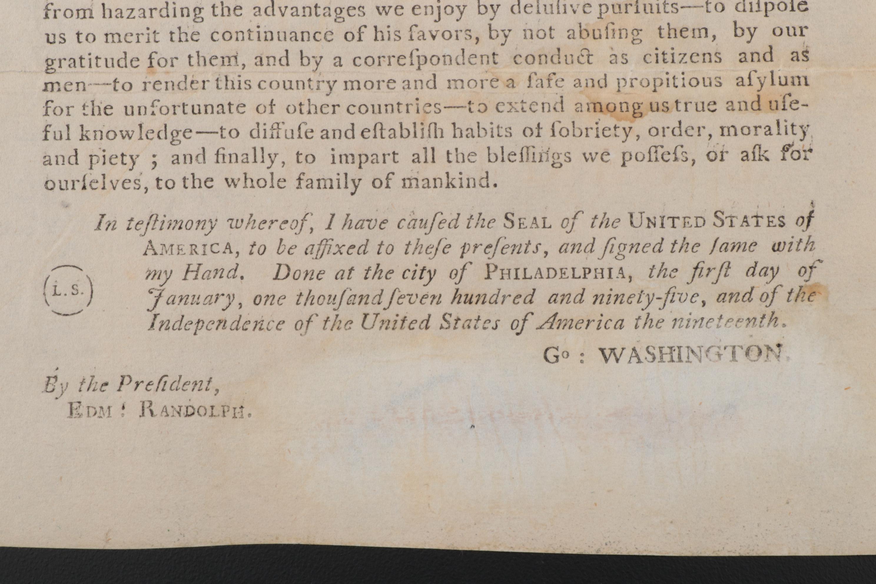George Washington Printed Proclamation of Thanksgiving and Prayer, 1795