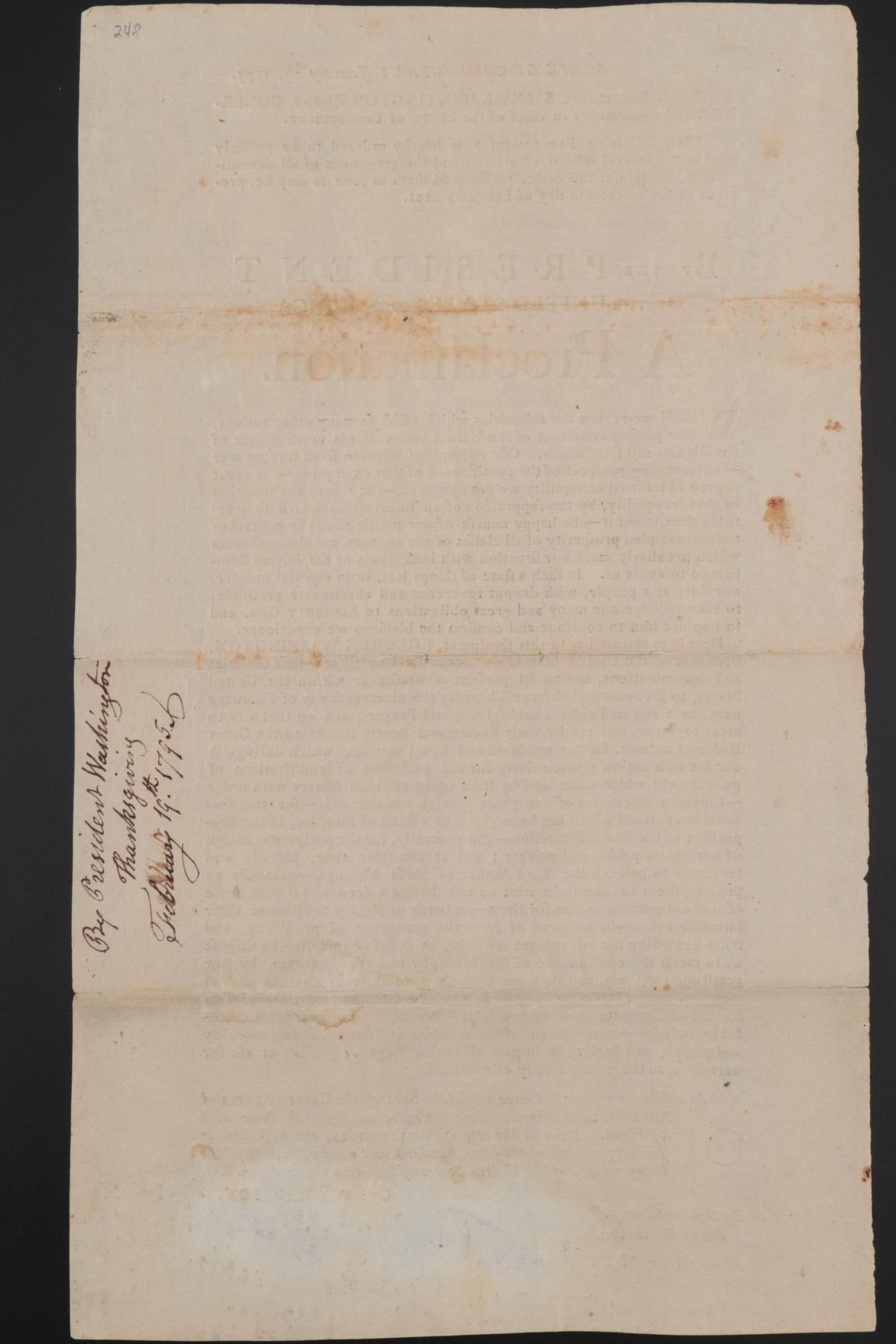 George Washington Printed Proclamation of Thanksgiving and Prayer, 1795