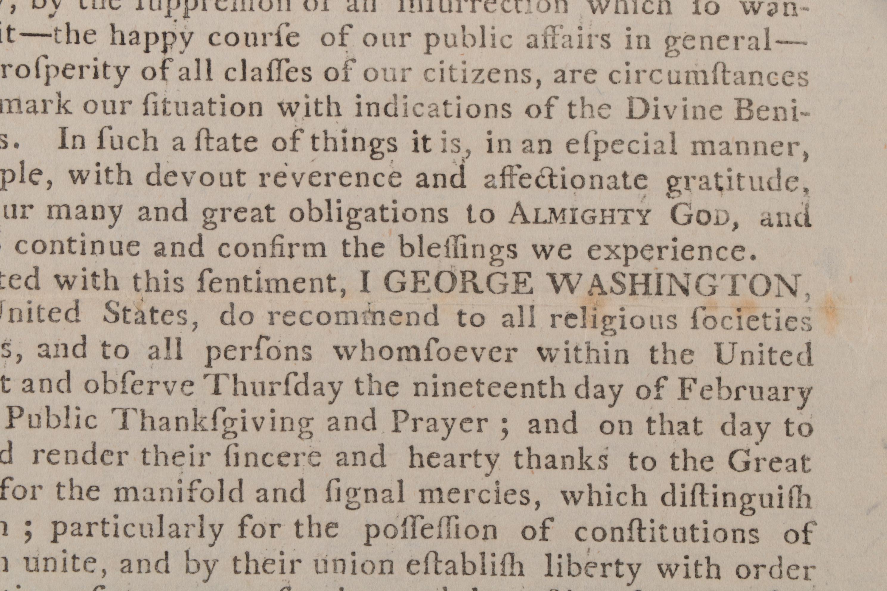 George Washington Printed Proclamation of Thanksgiving and Prayer, 1795