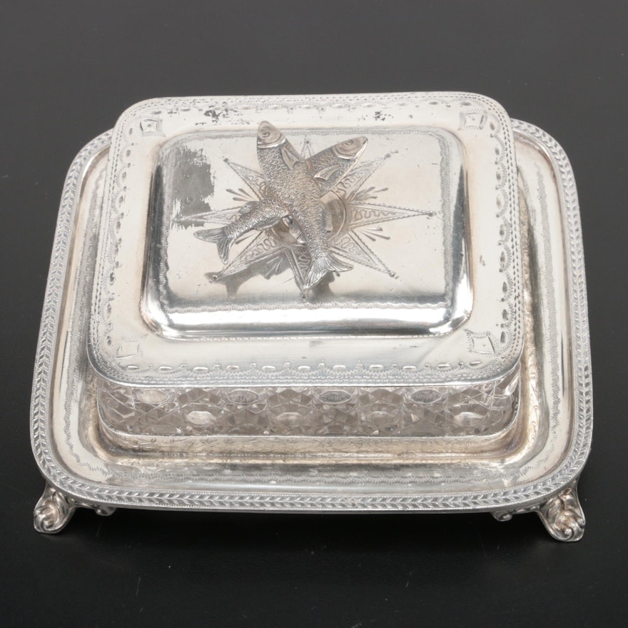 R. Spiller Victorian English Silver Plate Cane Cut Glass Sardine Box, Late 19th