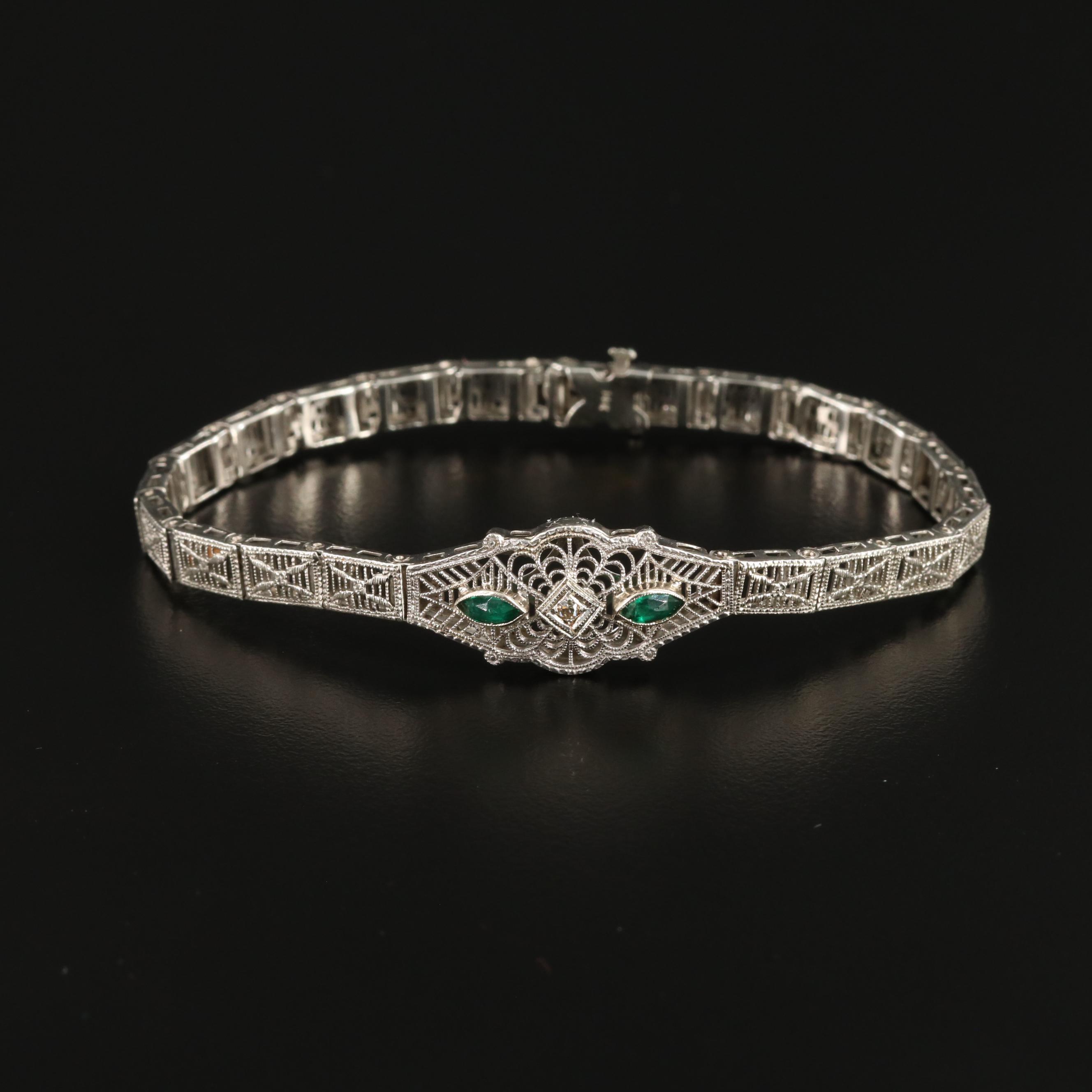 Art Deco 14K Gold Diamond and Glass Bracelet With Platinum-Gold Alloy Accent