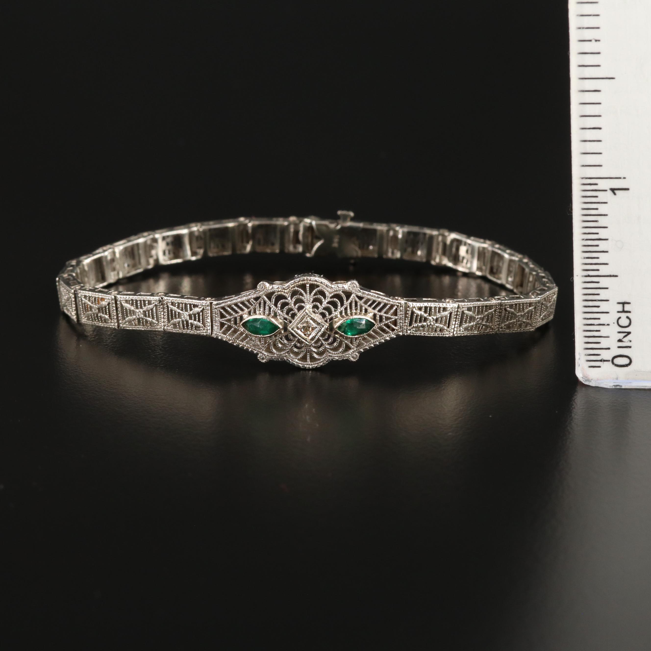 Art Deco 14K Gold Diamond and Glass Bracelet With Platinum-Gold Alloy Accent