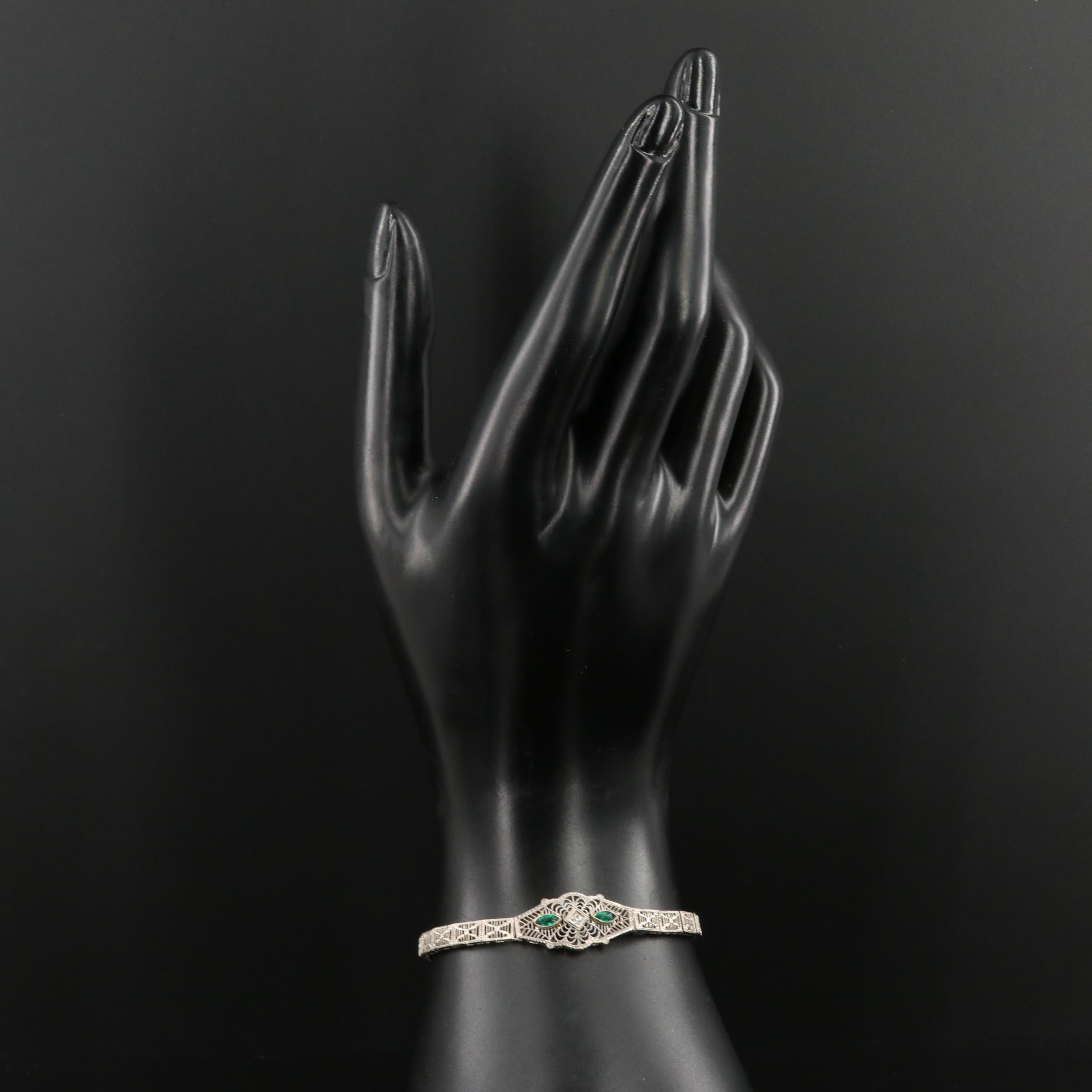 Art Deco 14K Gold Diamond and Glass Bracelet With Platinum-Gold Alloy Accent