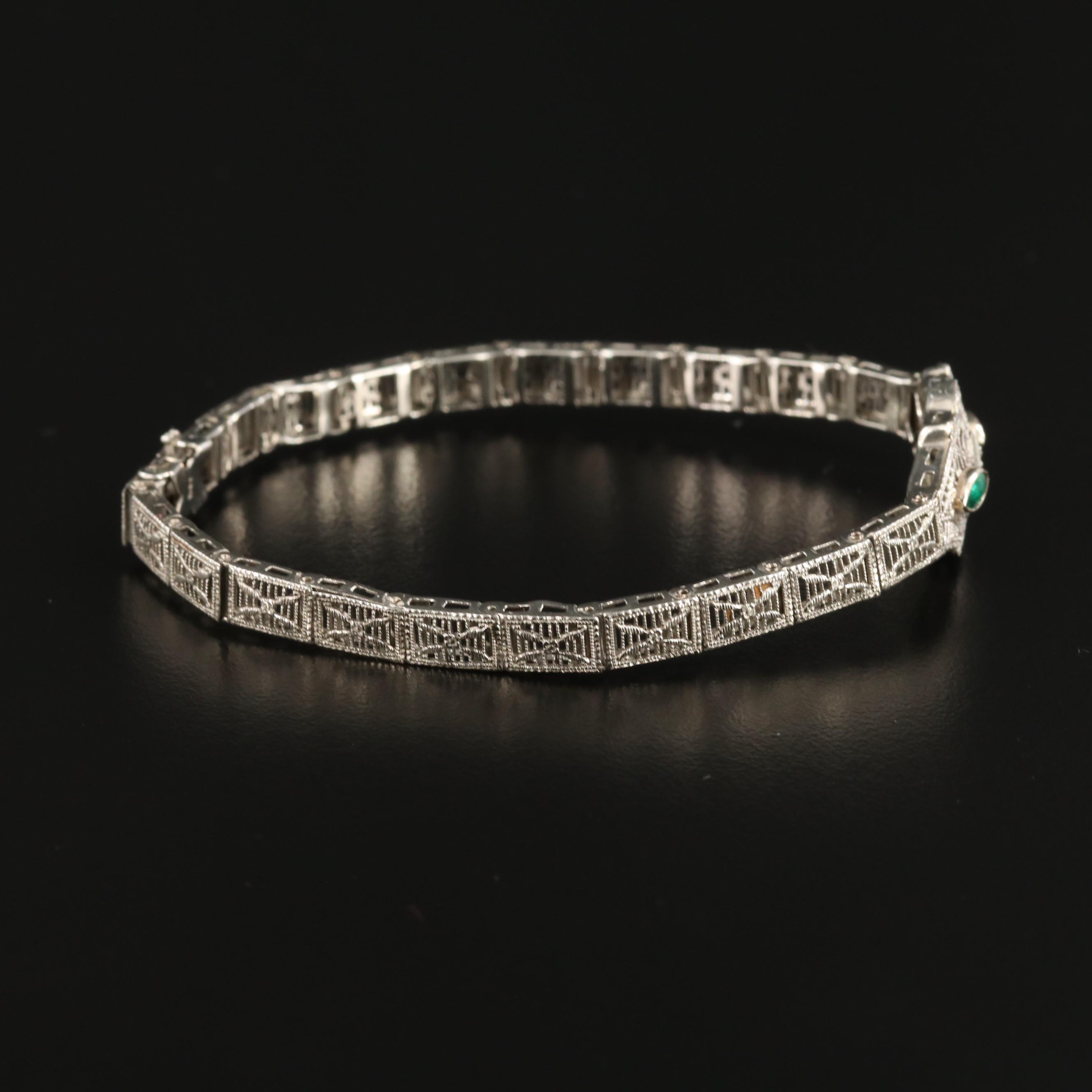 Art Deco 14K Gold Diamond and Glass Bracelet With Platinum-Gold Alloy Accent