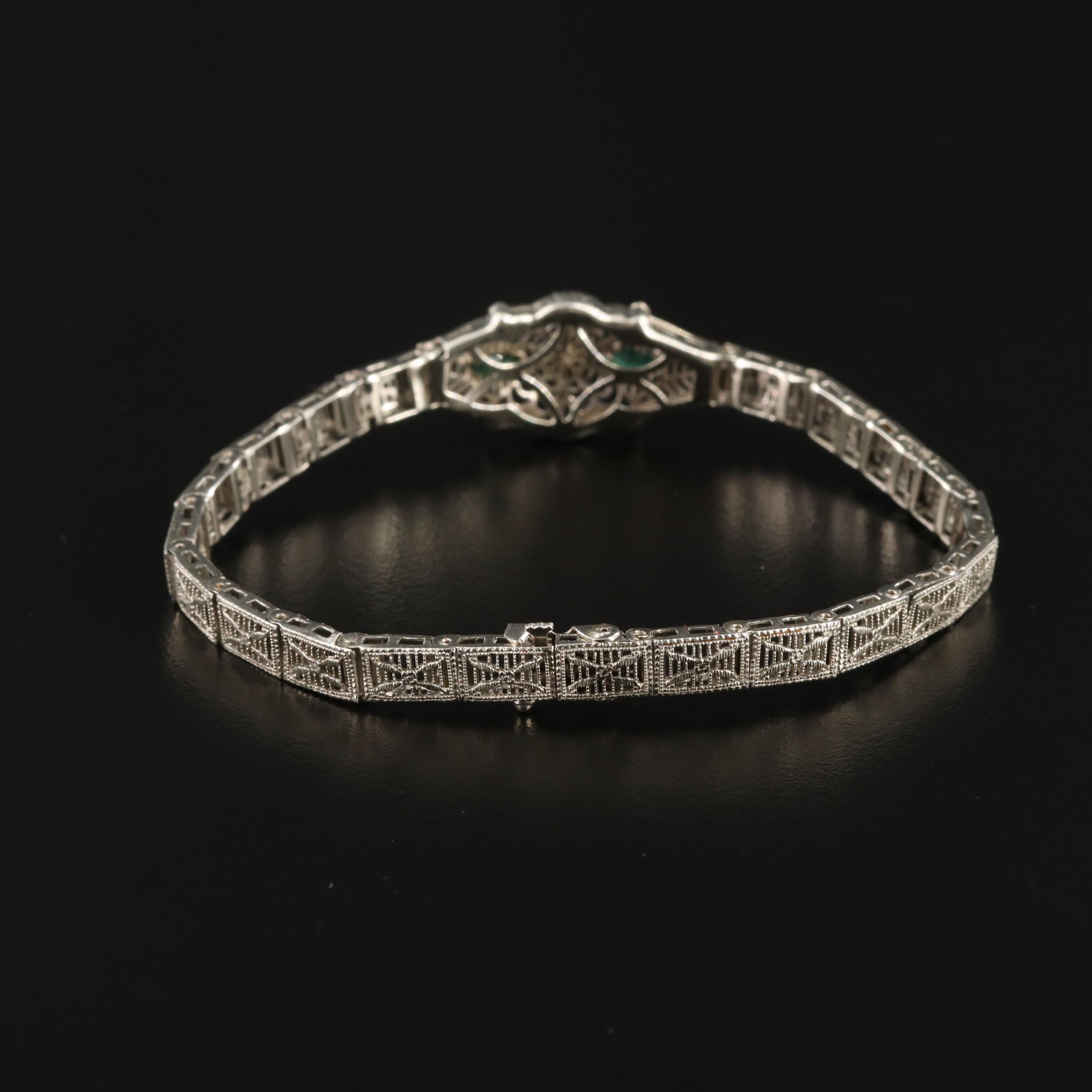 Art Deco 14K Gold Diamond and Glass Bracelet With Platinum-Gold Alloy Accent