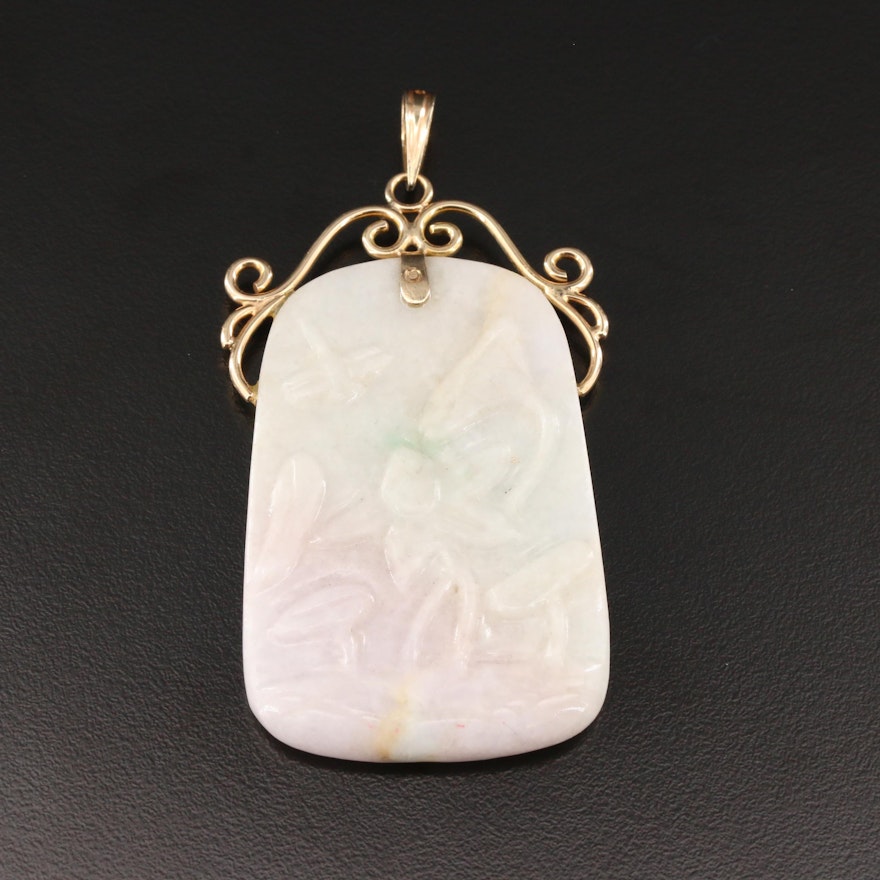 14K Yellow Carved Jadeite Floral Pendant