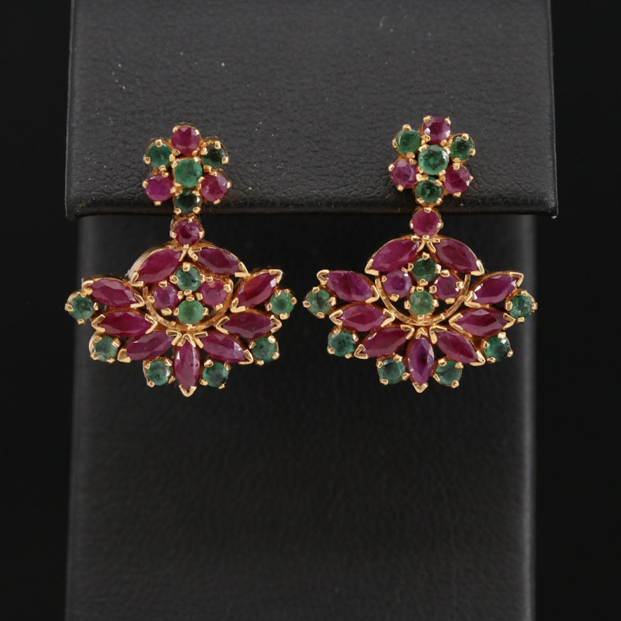 18K Yellow Gold Emerald and Ruby Drop Earrings