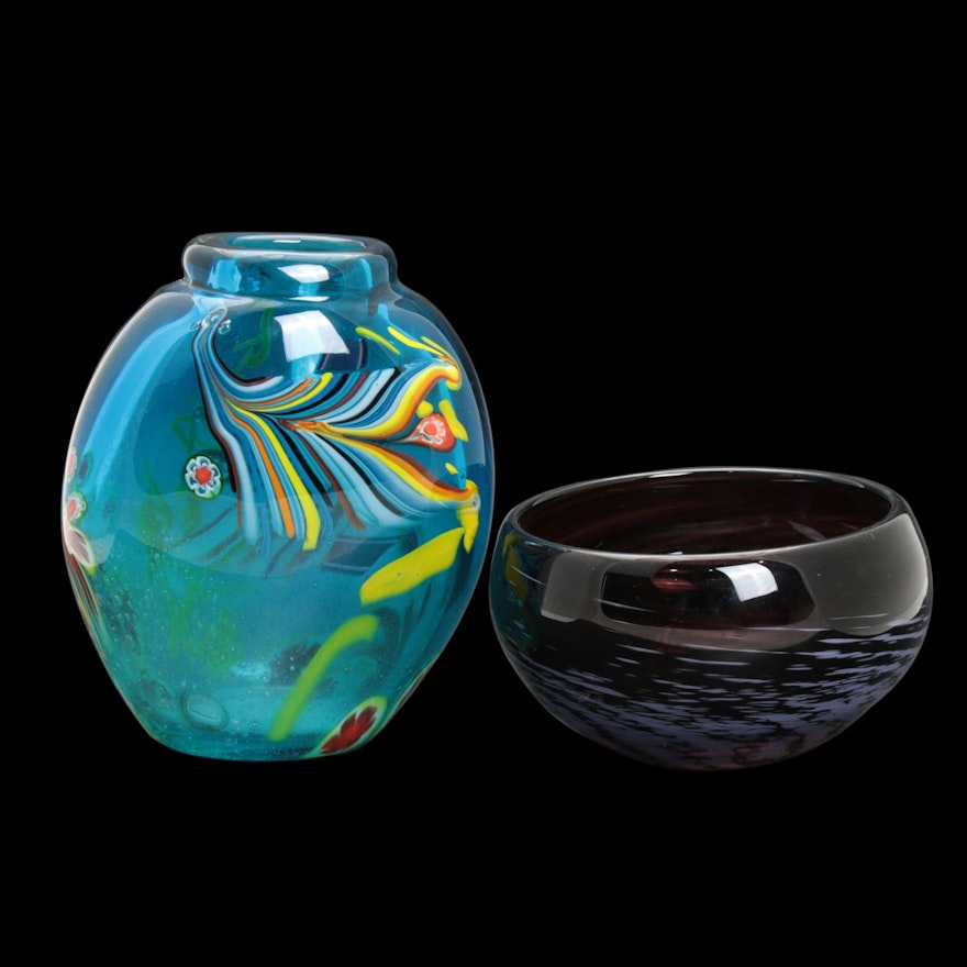 Handmade Blown Glass Venetian-Style Vase with Bowl