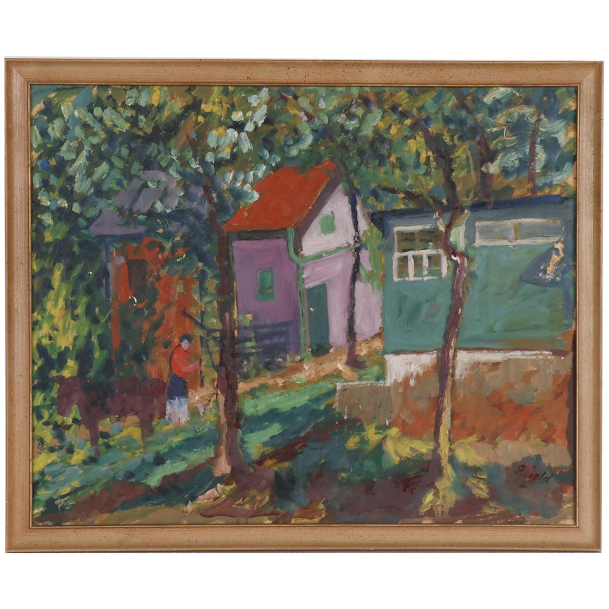 Anton Gold Expressionist Oil Painting of a Village Scene, Mid 20th Century