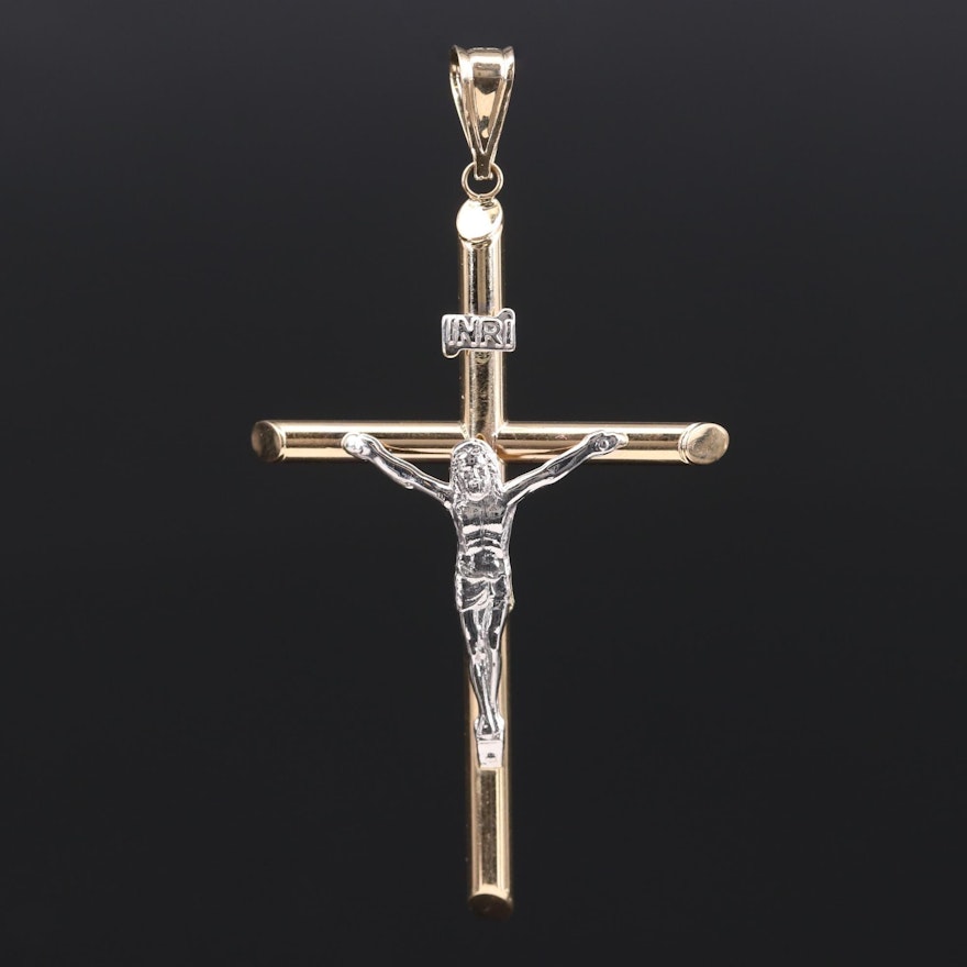 14K Yellow Gold Crucifix Pendant with White Gold Accents