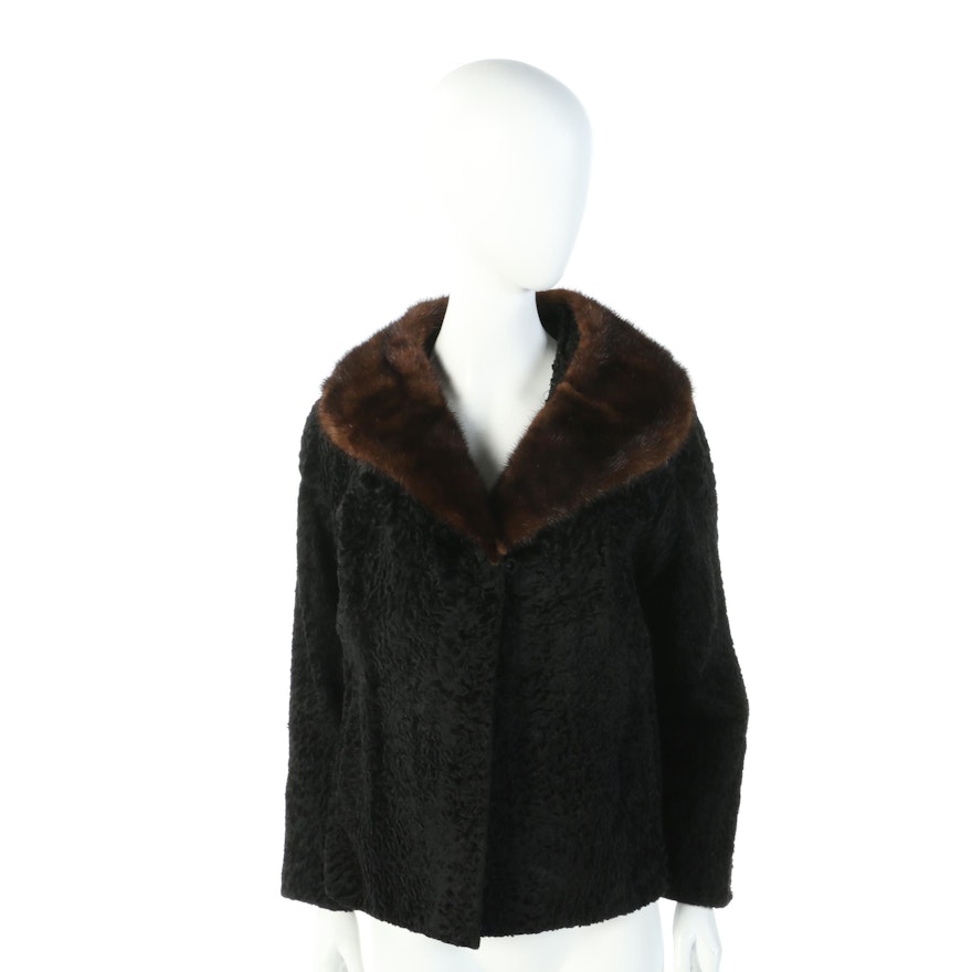 Black Broadtail Lamb Jacket with Mahogany Mink Fur Collar, Vintage