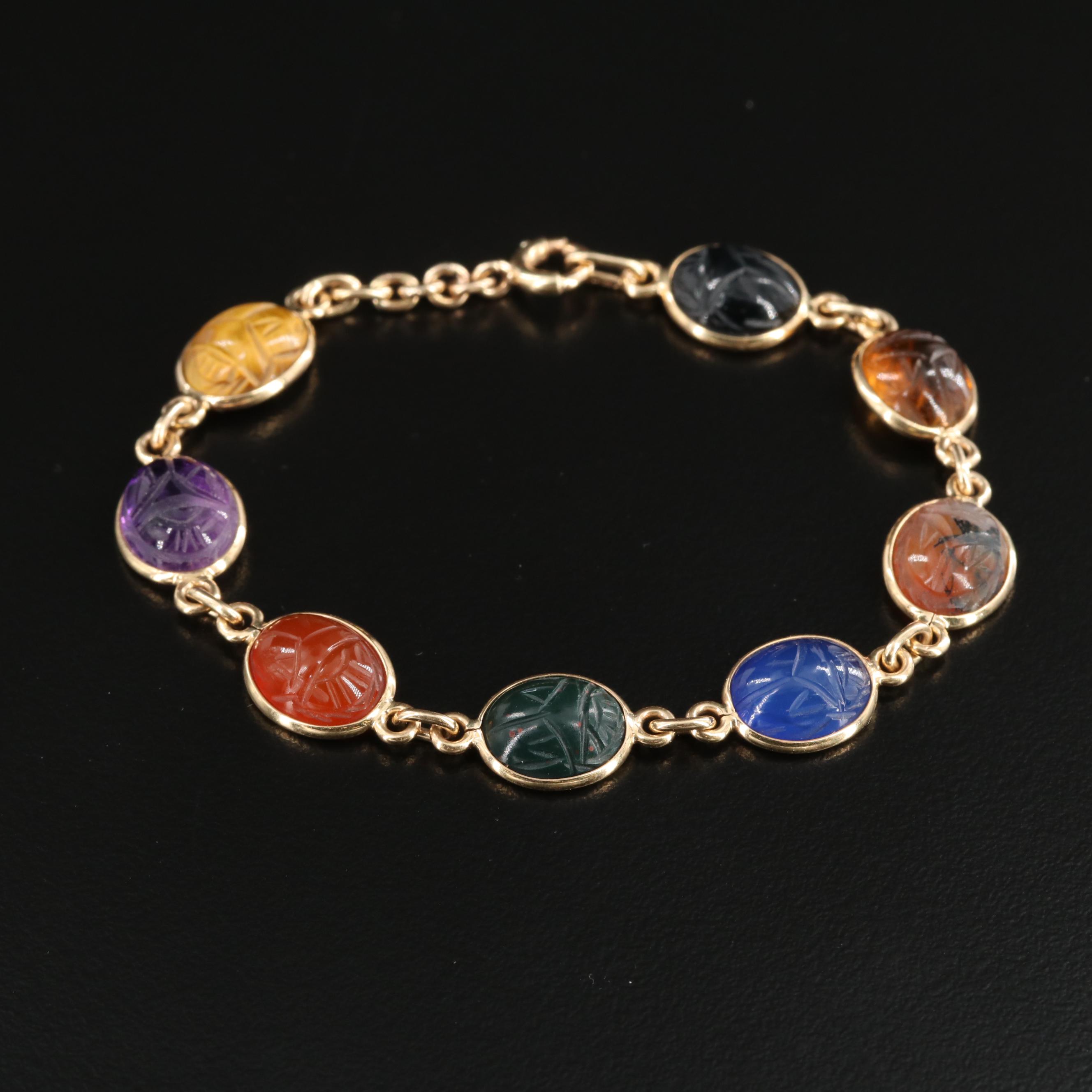 14K Yellow Gold Scarab Bracelet with Tiger's Eye Quartz, Black Onyx and More