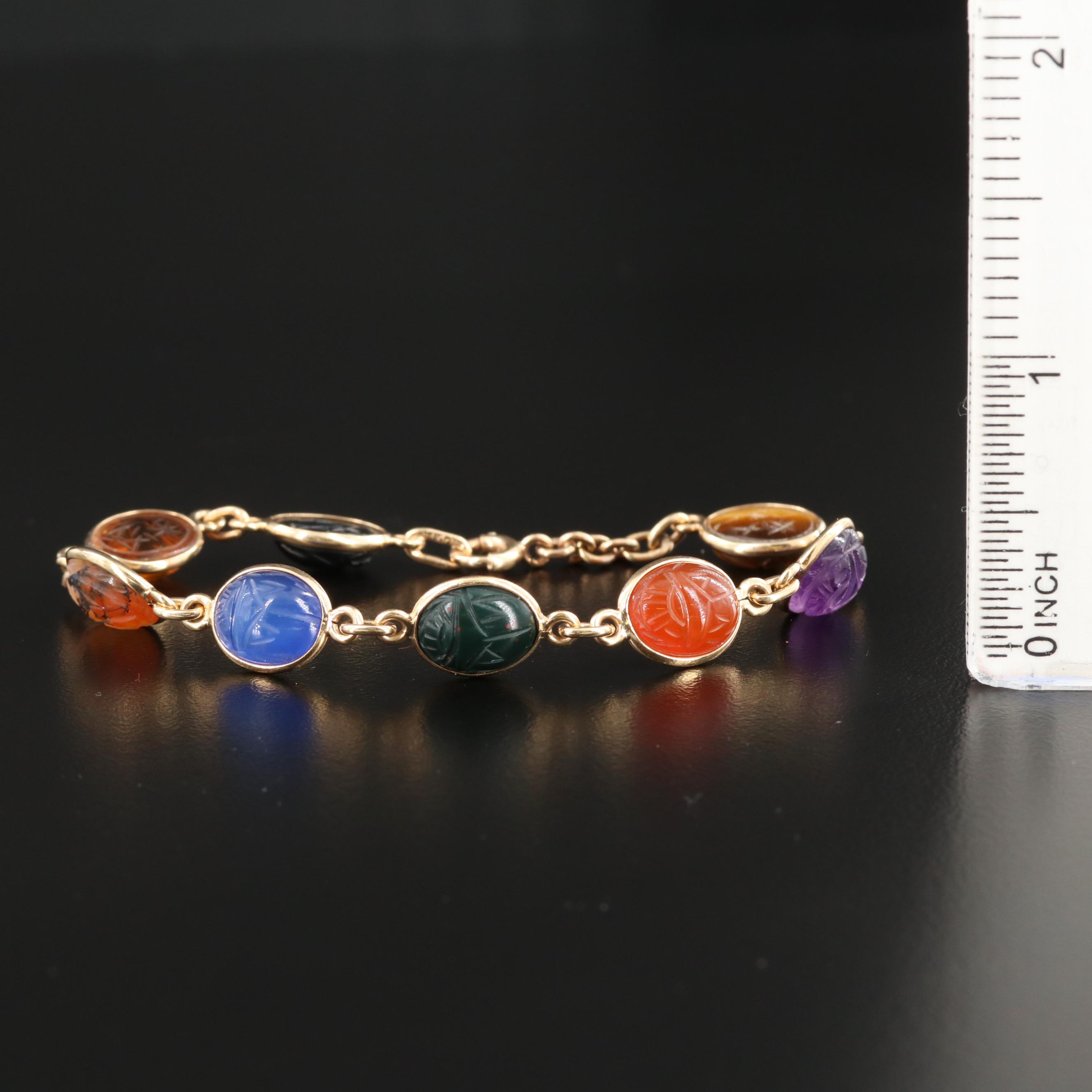 14K Yellow Gold Scarab Bracelet with Tiger's Eye Quartz, Black Onyx and More