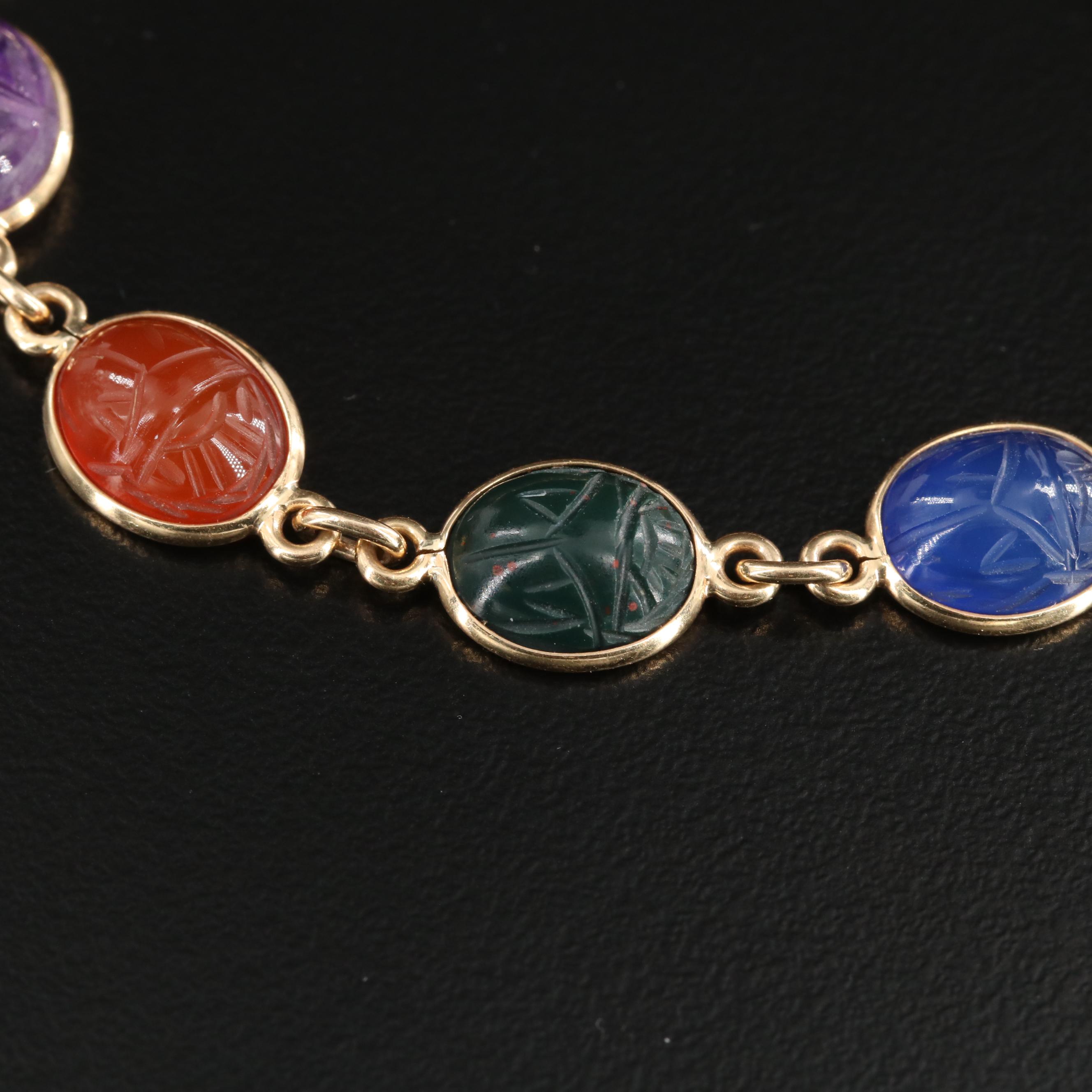 14K Yellow Gold Scarab Bracelet with Tiger's Eye Quartz, Black Onyx and More