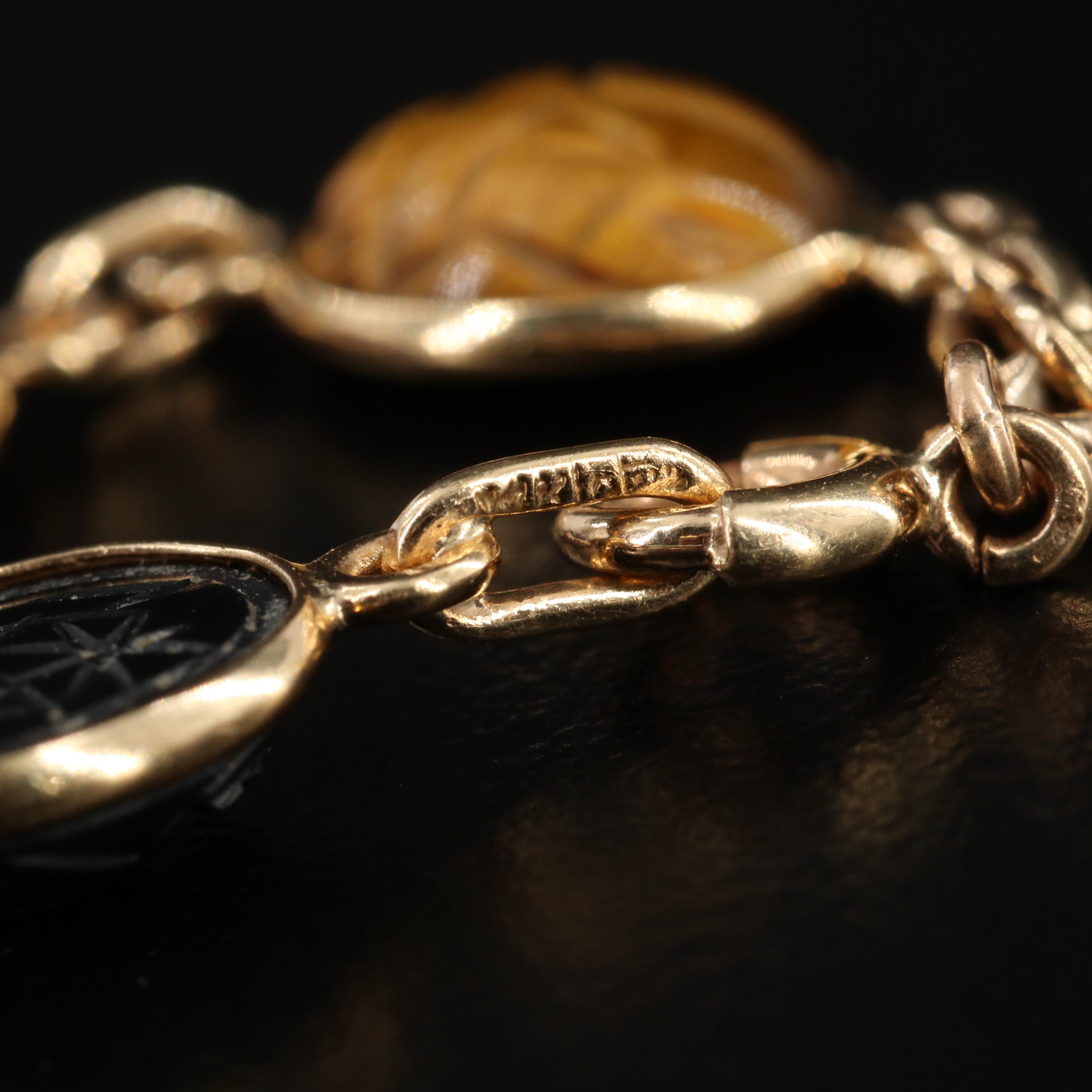 14K Yellow Gold Scarab Bracelet with Tiger's Eye Quartz, Black Onyx and More