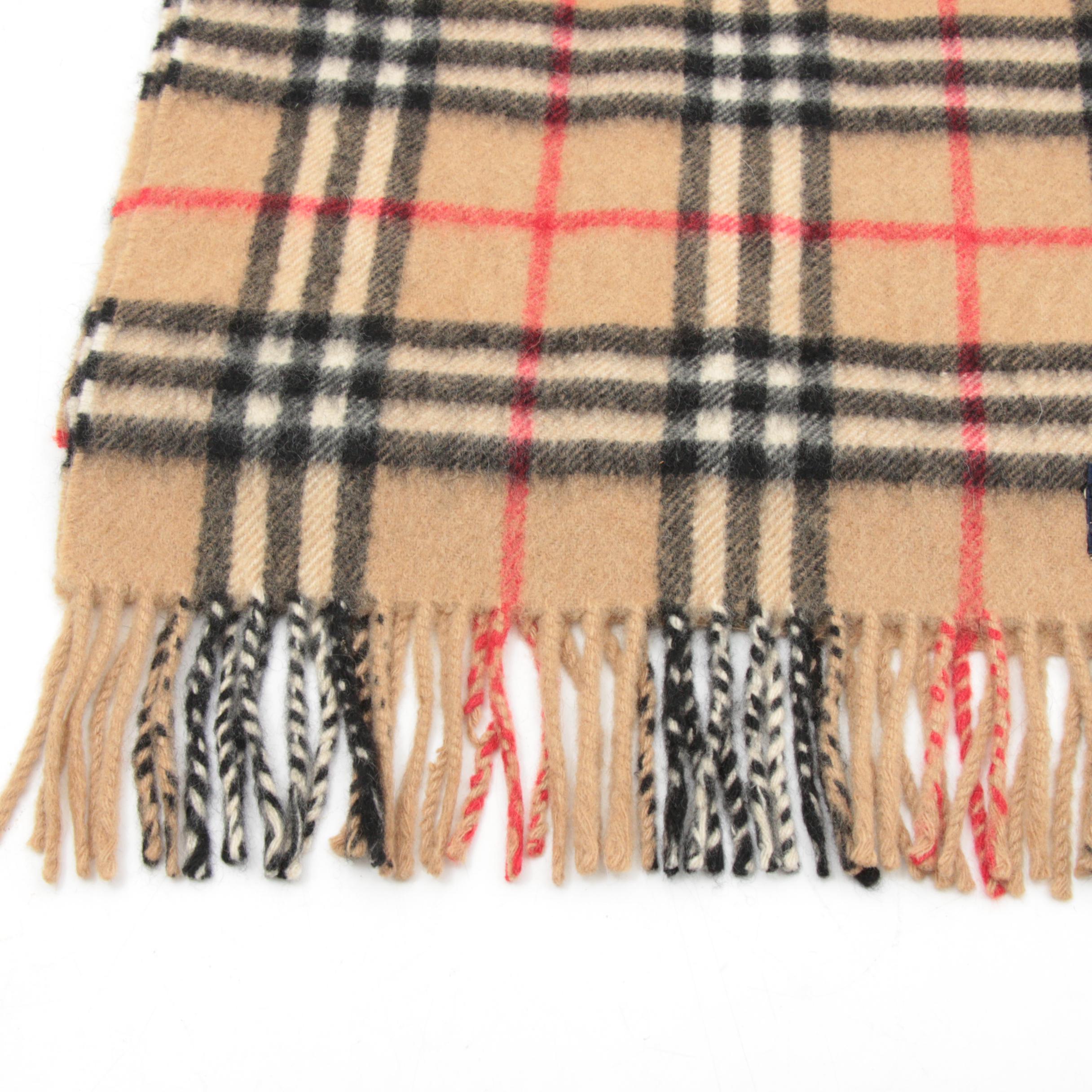 Burberry Cashmere "Nova Check" Fringed Scarf, Made in England, Vintage