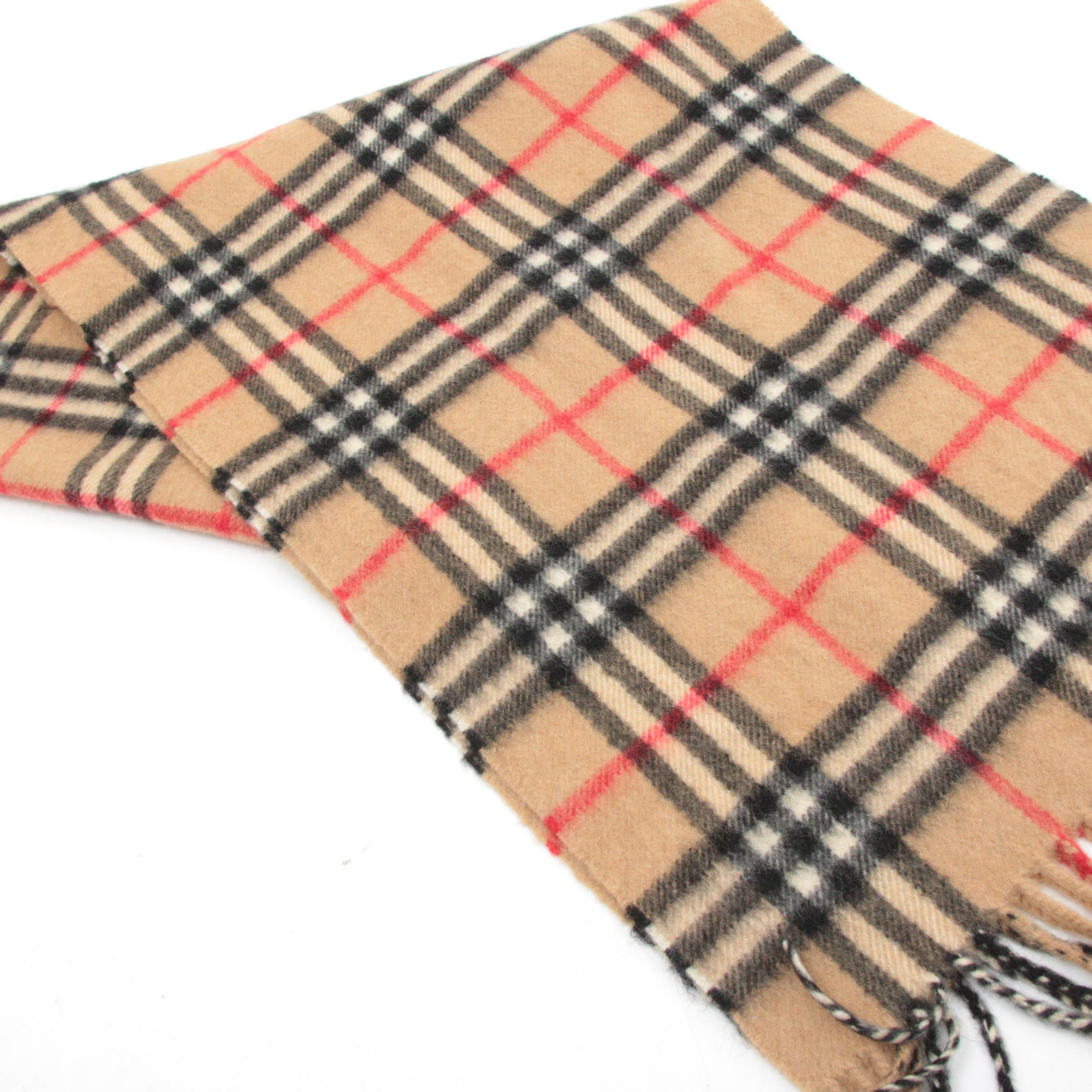 Burberry Cashmere "Nova Check" Fringed Scarf, Made in England, Vintage