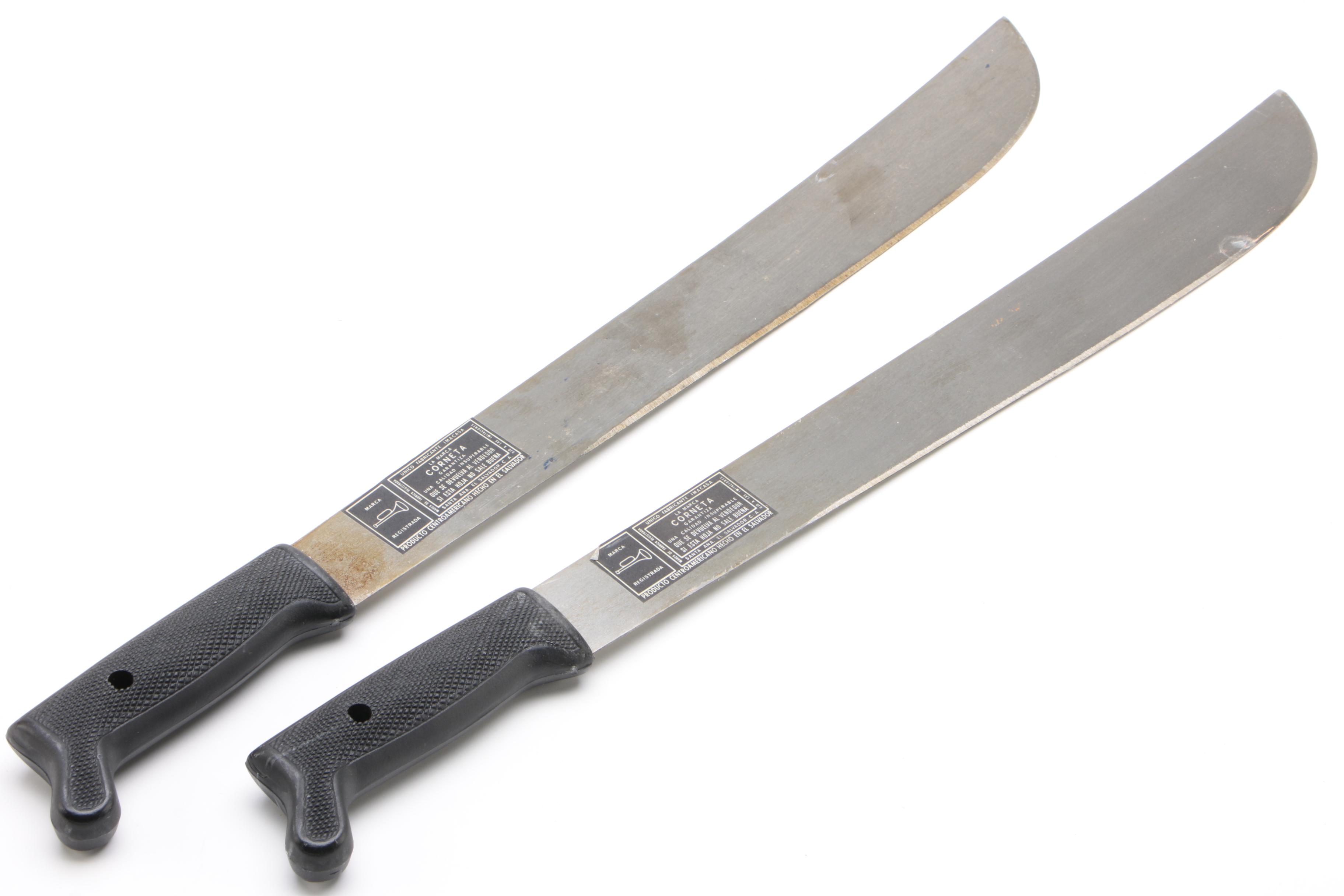 El Salvador Imasco La Marca Corneta Model No. 127 Machetes with Leather Sheaths