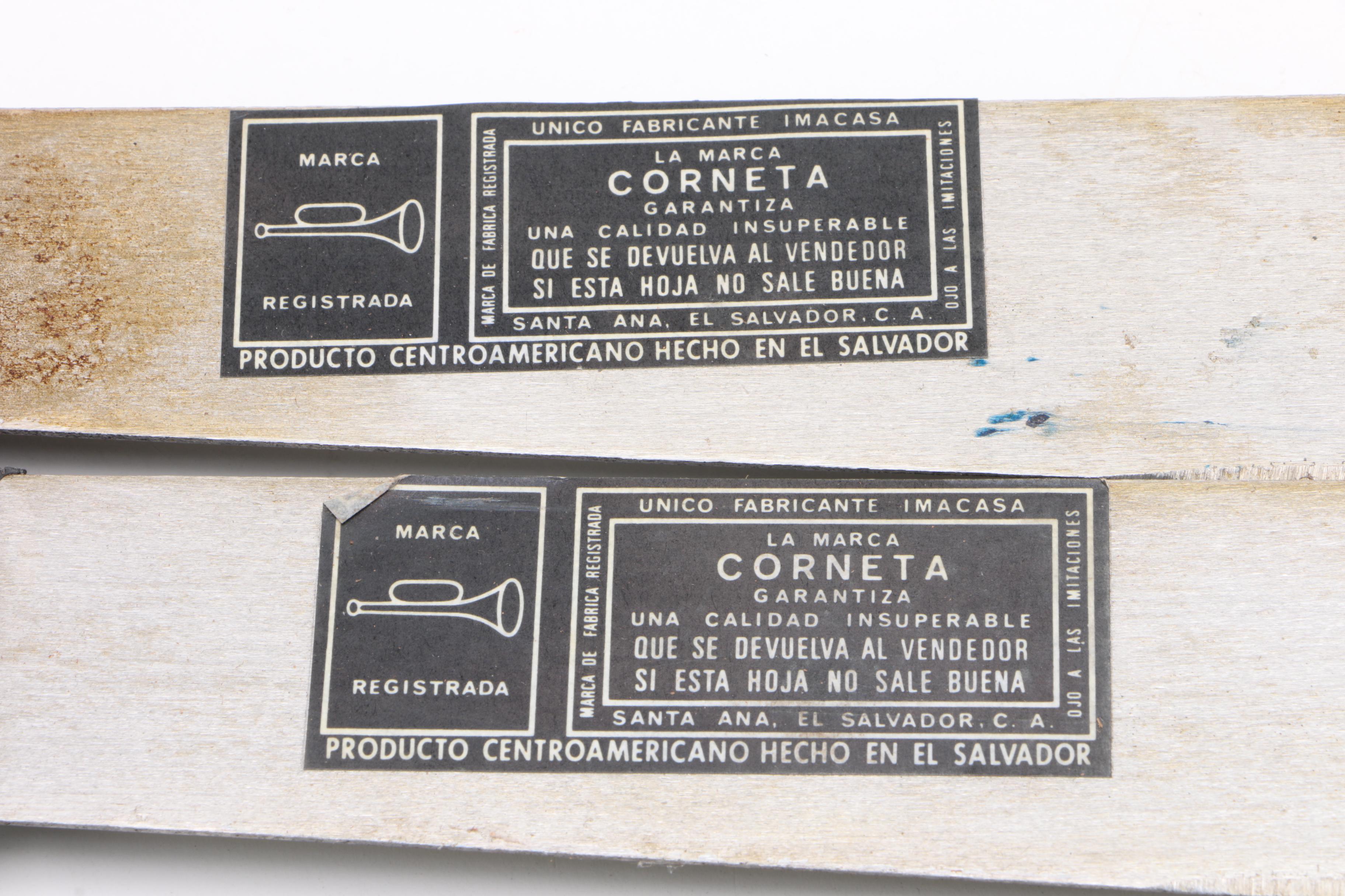 El Salvador Imasco La Marca Corneta Model No. 127 Machetes with Leather Sheaths