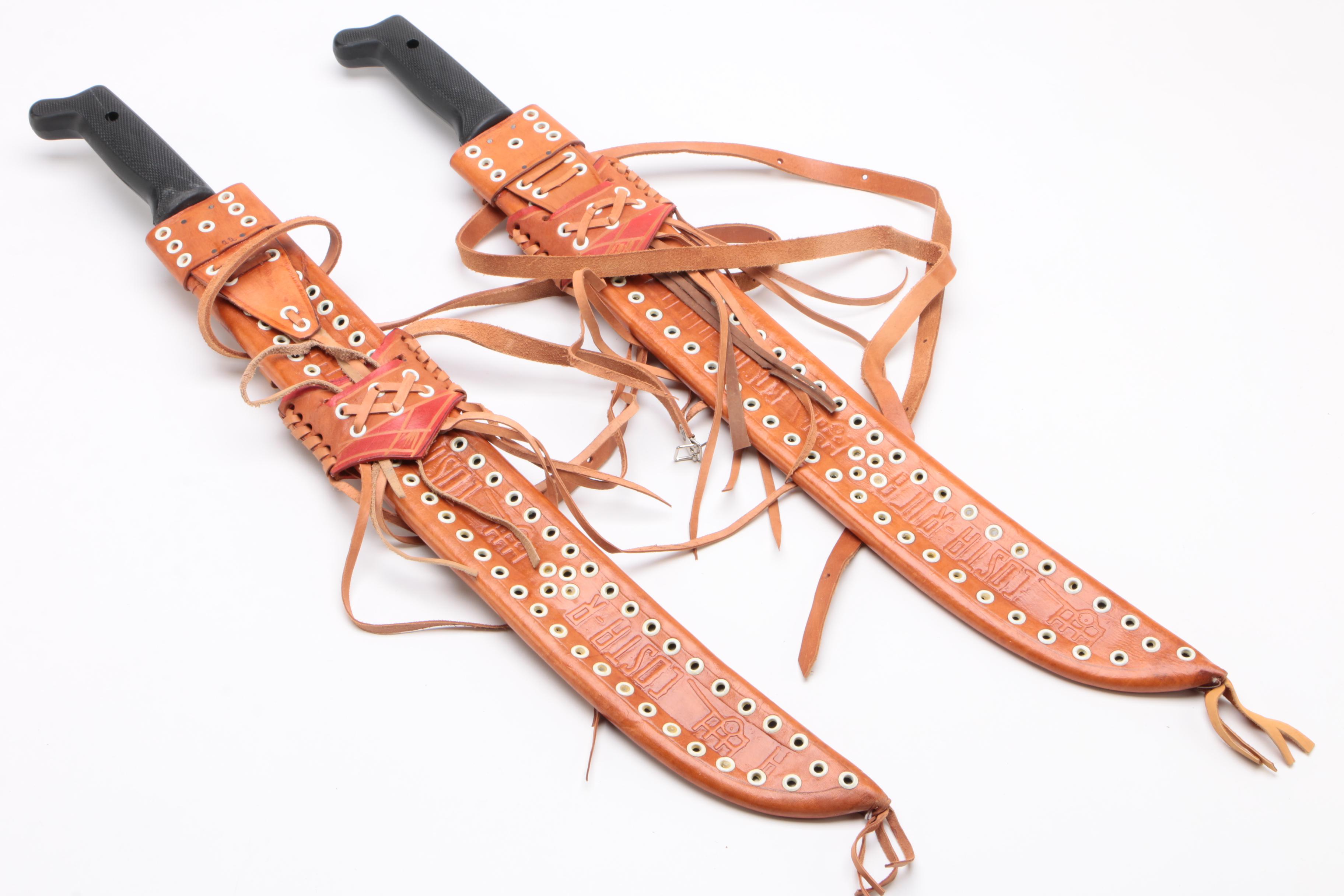El Salvador Imasco La Marca Corneta Model No. 127 Machetes with Leather Sheaths