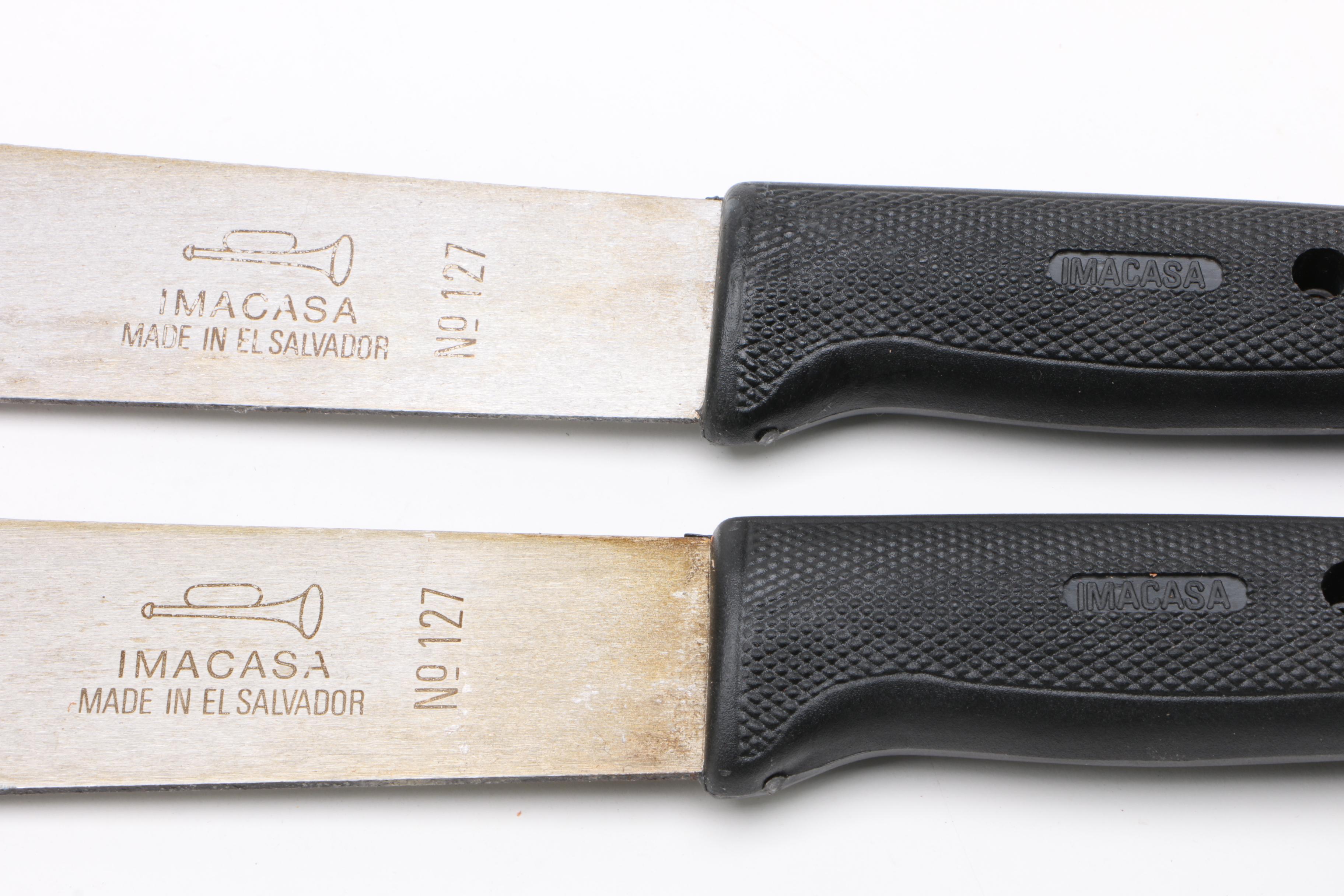 El Salvador Imasco La Marca Corneta Model No. 127 Machetes with Leather Sheaths