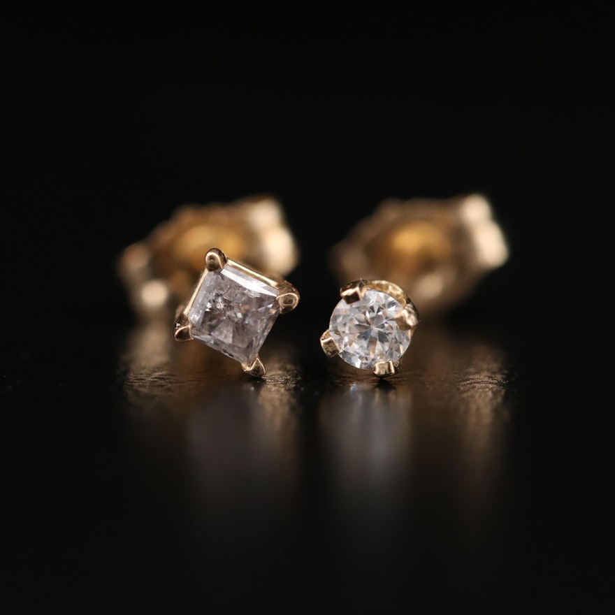 14K Yellow Gold Diamond and Cubic Zirconia Stud Earrings