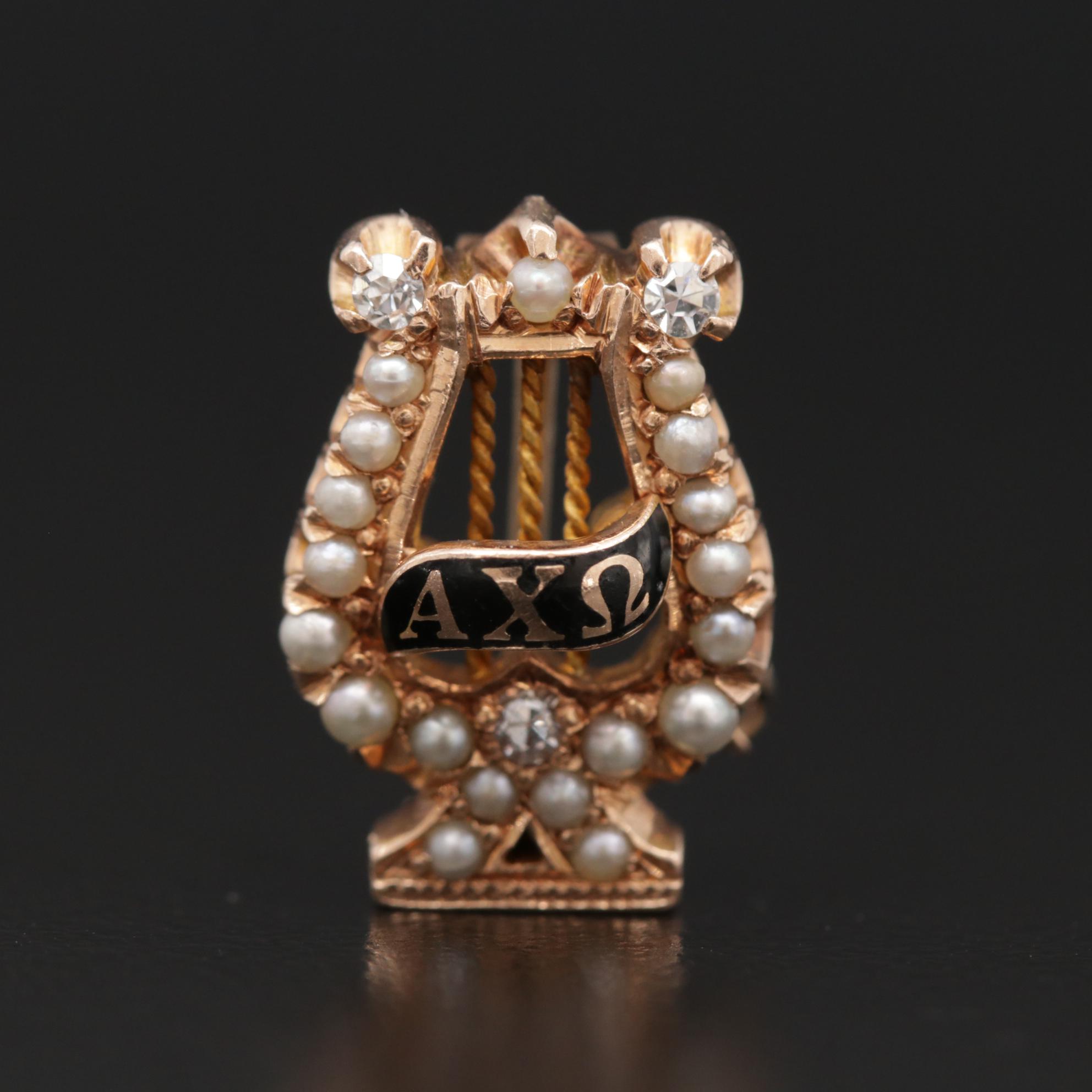 Antique 14K Gold Alpha Chi Omega Lyre Pin with Diamond and Pearl Accents