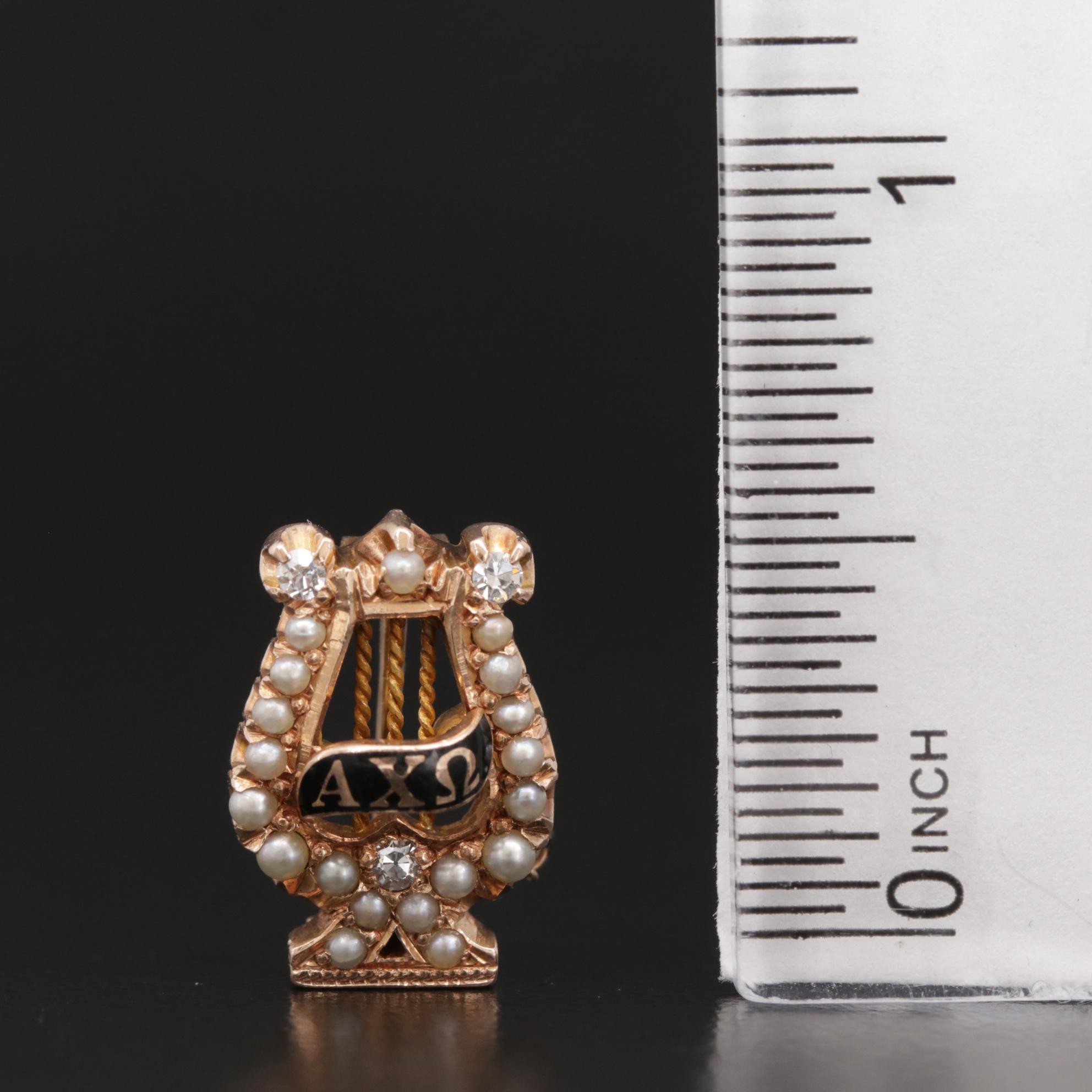 Antique 14K Gold Alpha Chi Omega Lyre Pin with Diamond and Pearl Accents