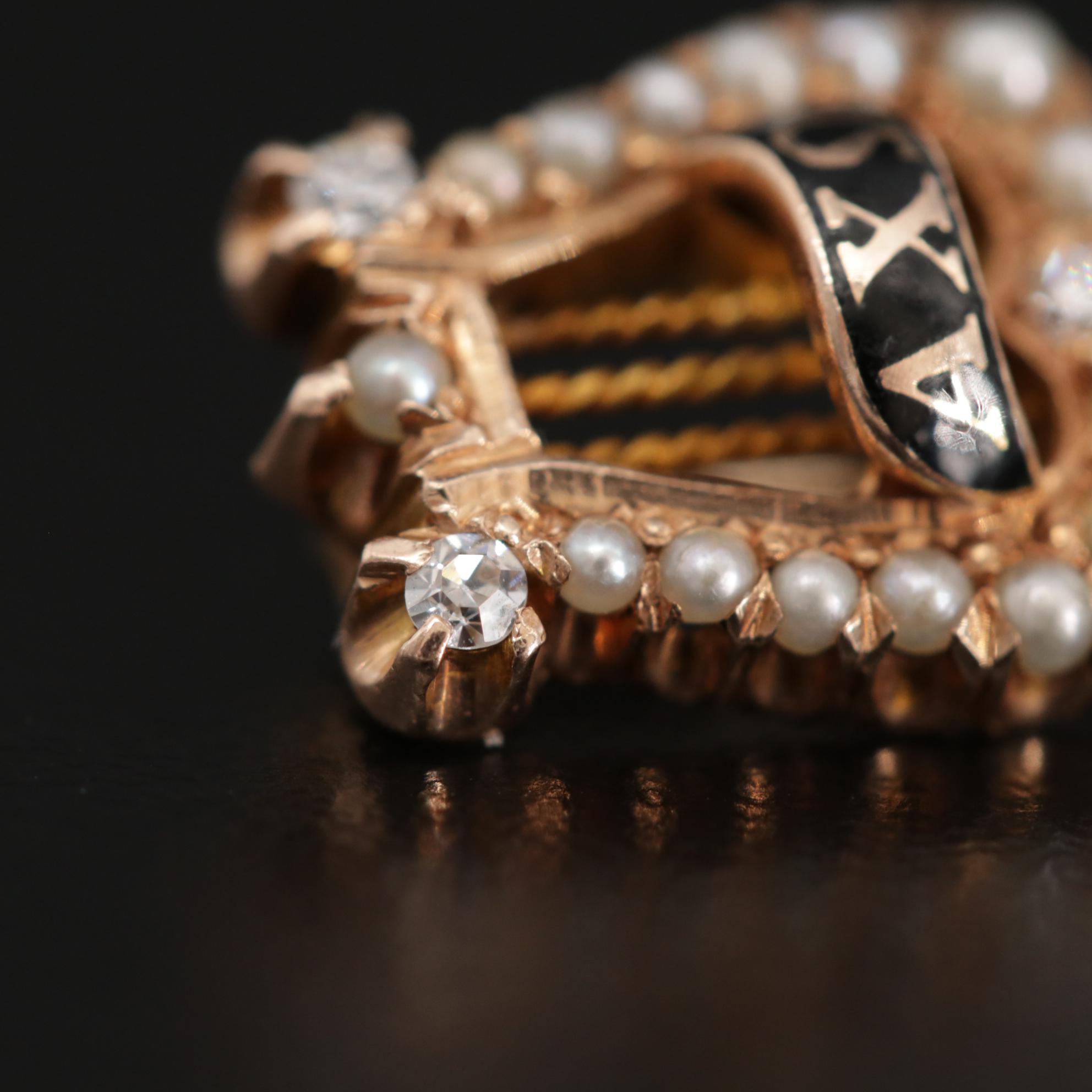 Antique 14K Gold Alpha Chi Omega Lyre Pin with Diamond and Pearl Accents