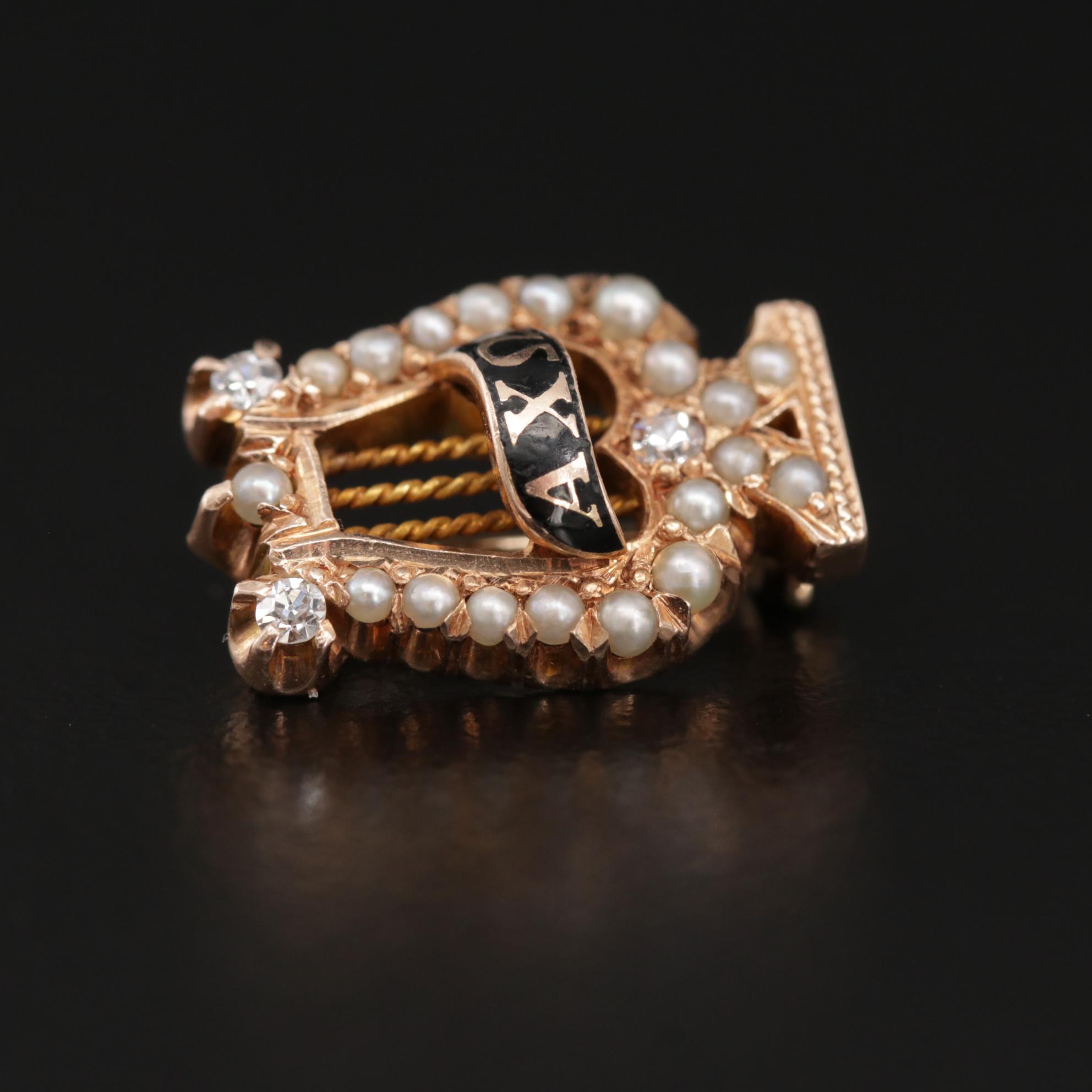 Antique 14K Gold Alpha Chi Omega Lyre Pin with Diamond and Pearl Accents
