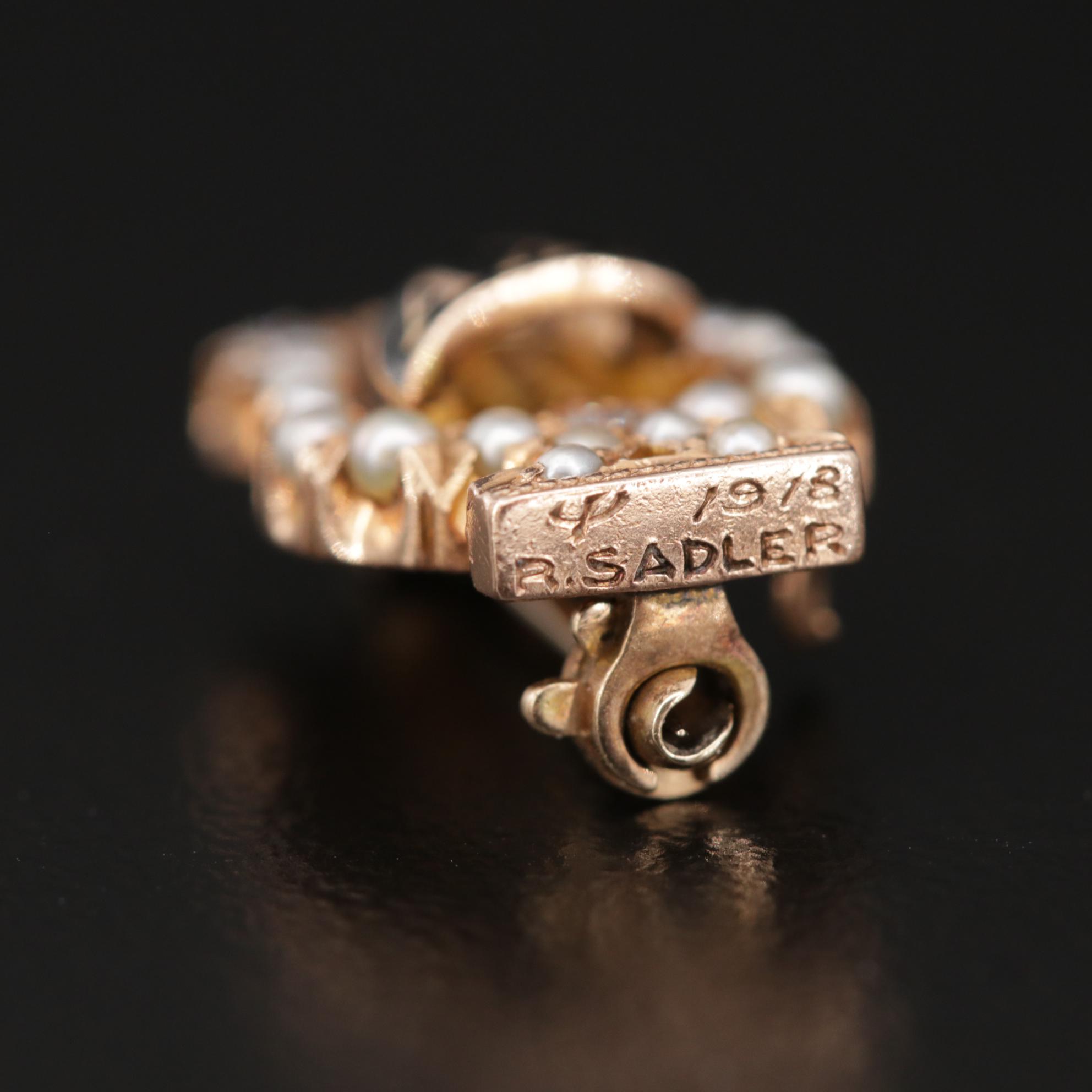 Antique 14K Gold Alpha Chi Omega Lyre Pin with Diamond and Pearl Accents