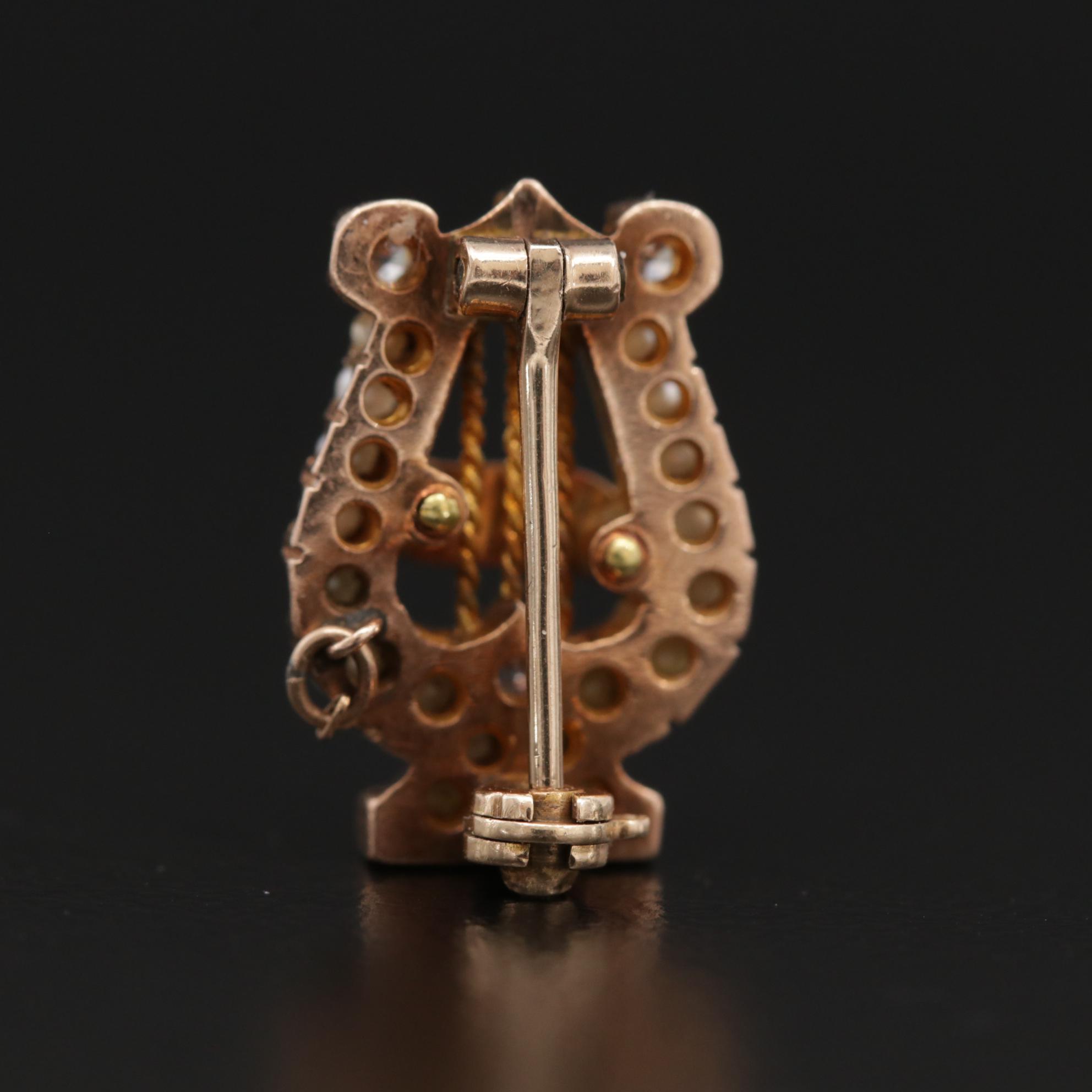 Antique 14K Gold Alpha Chi Omega Lyre Pin with Diamond and Pearl Accents