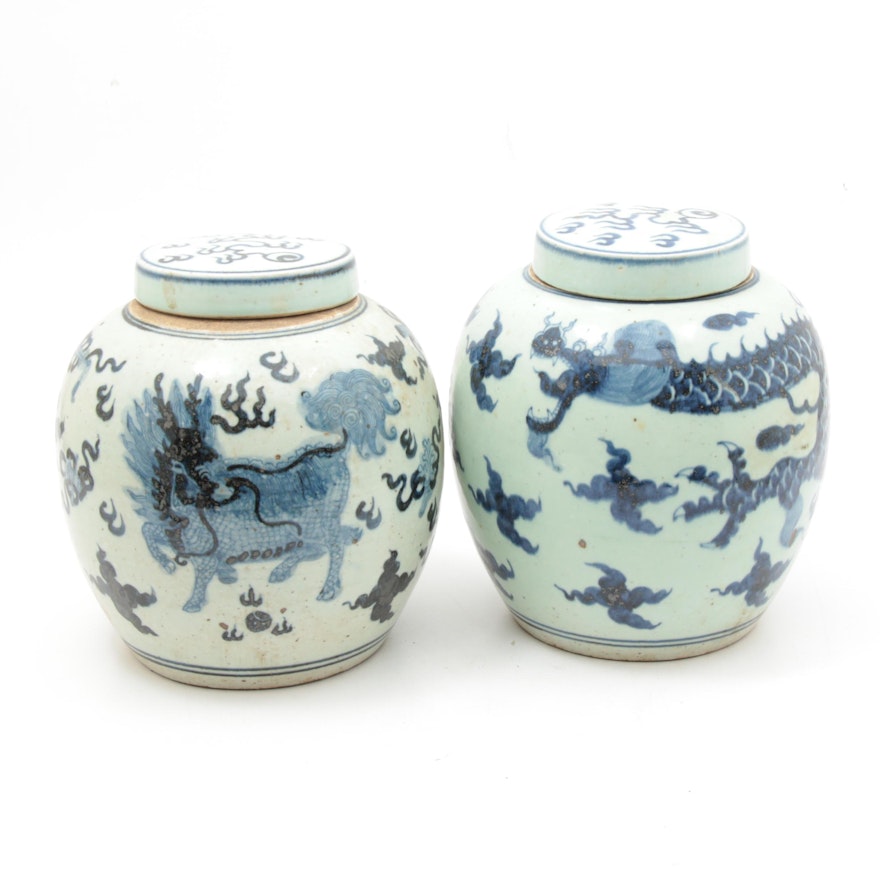 Chinese Hand-Painted Ginger Jars with Traditional and Qilin Dragon Motifs