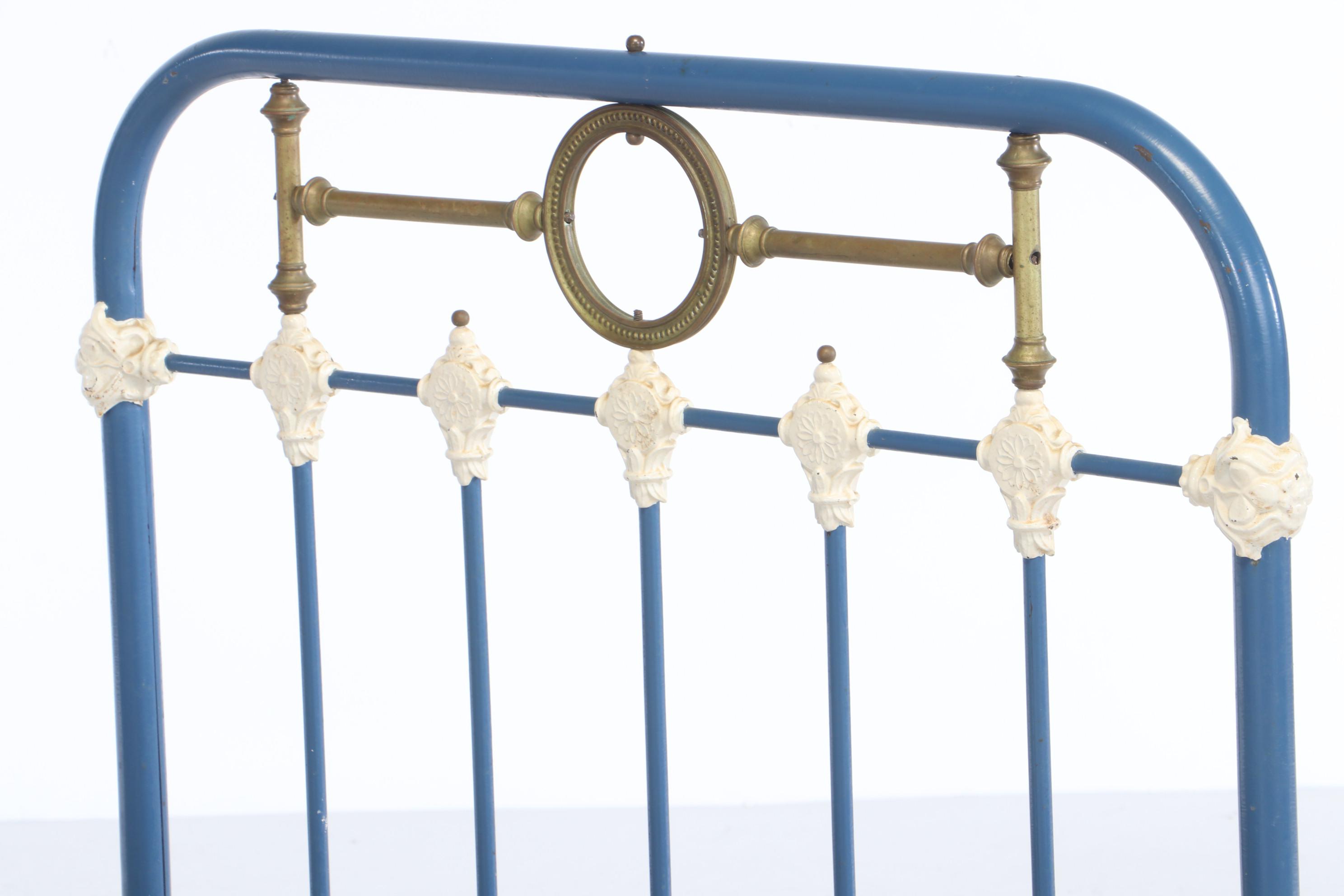 Antique Painted Cast Iron and Brass Twin Bed Frame with Trundle