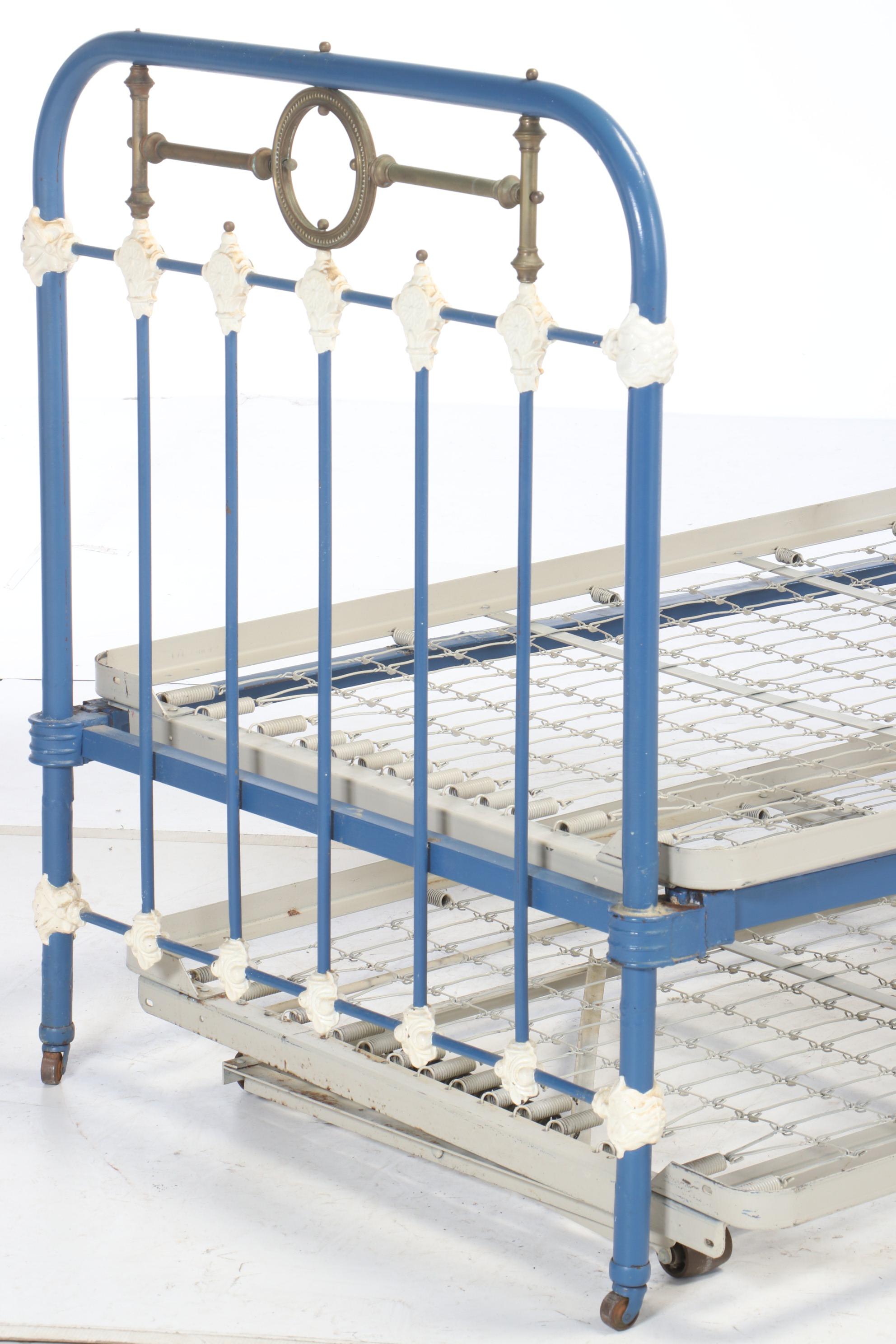 Antique Painted Cast Iron and Brass Twin Bed Frame with Trundle