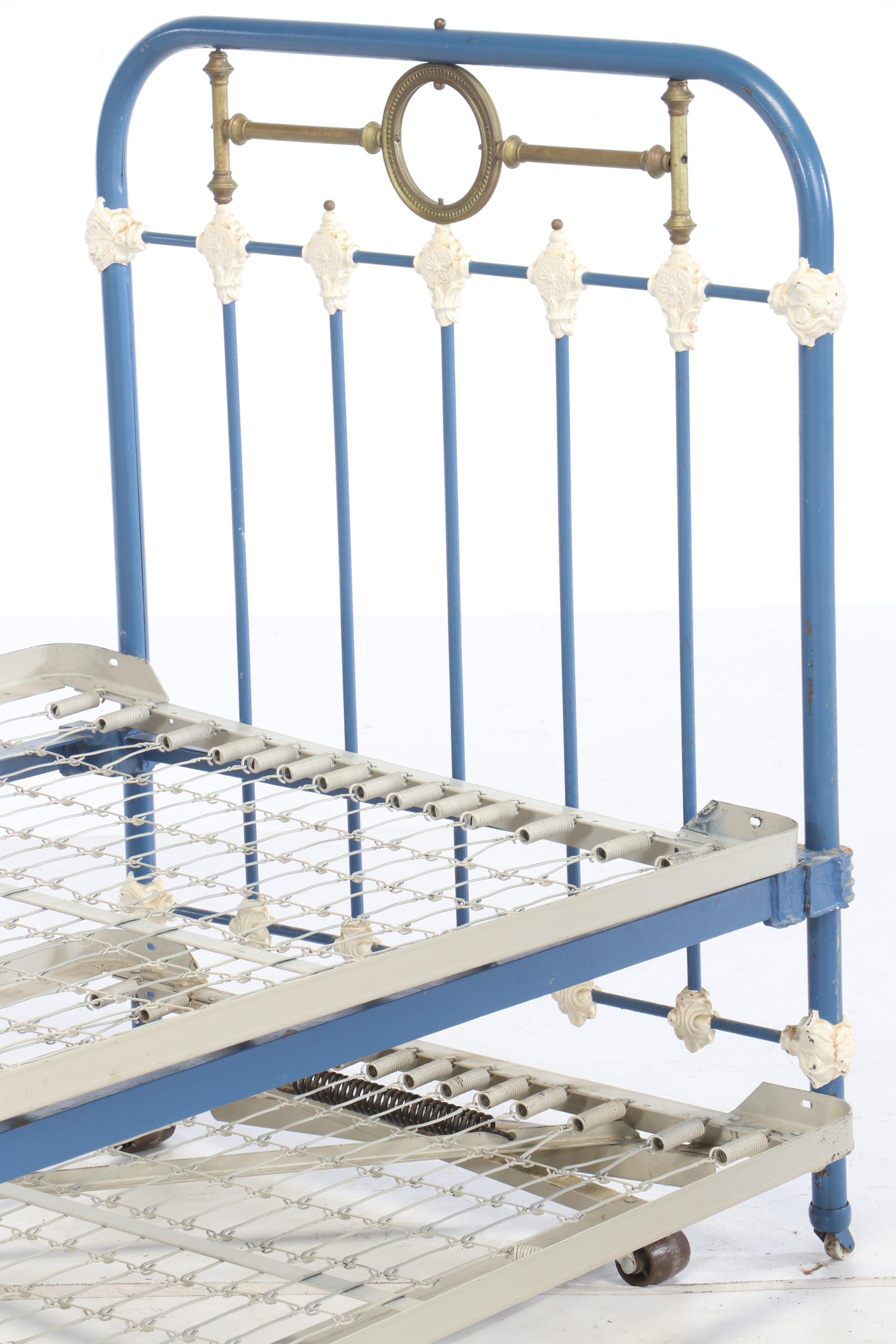 Antique Painted Cast Iron and Brass Twin Bed Frame with Trundle
