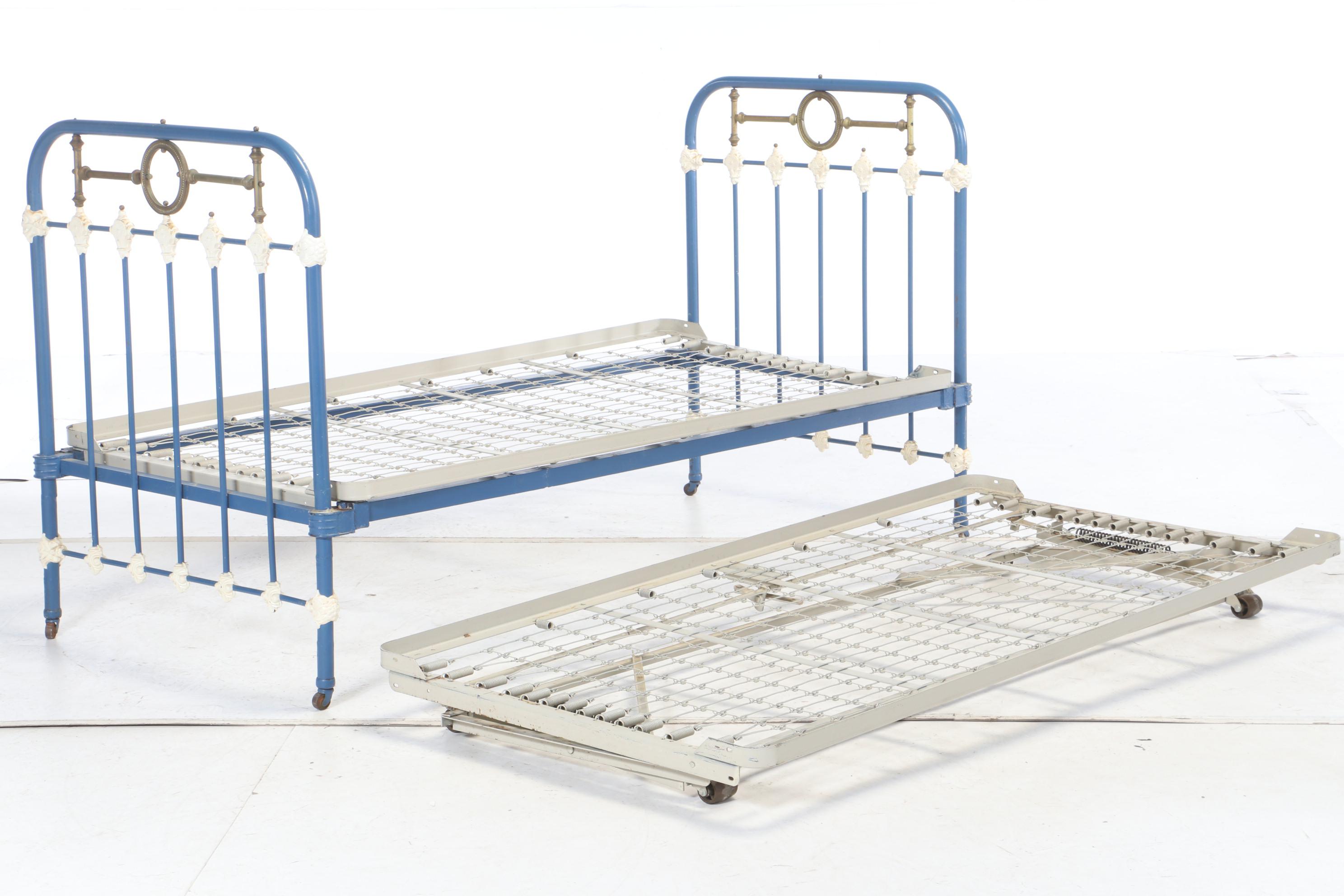 Antique Painted Cast Iron and Brass Twin Bed Frame with Trundle