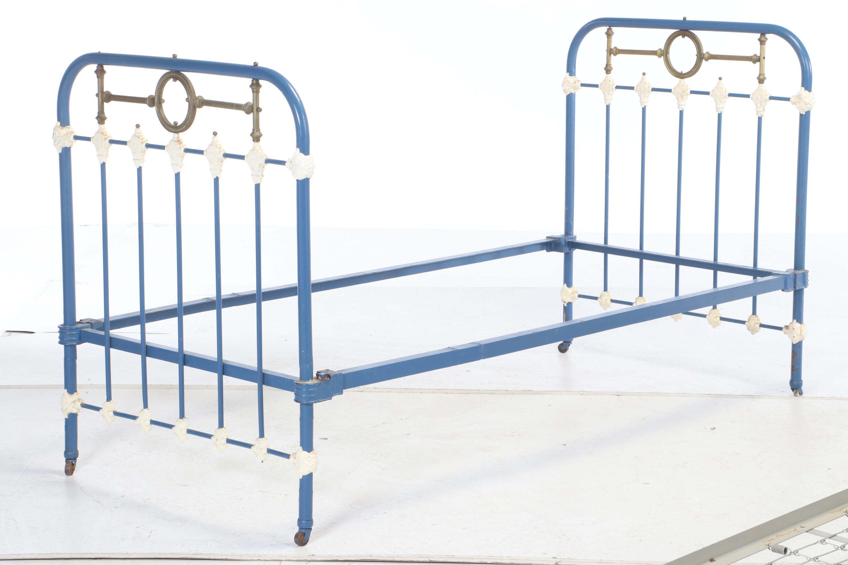 Antique Painted Cast Iron and Brass Twin Bed Frame with Trundle