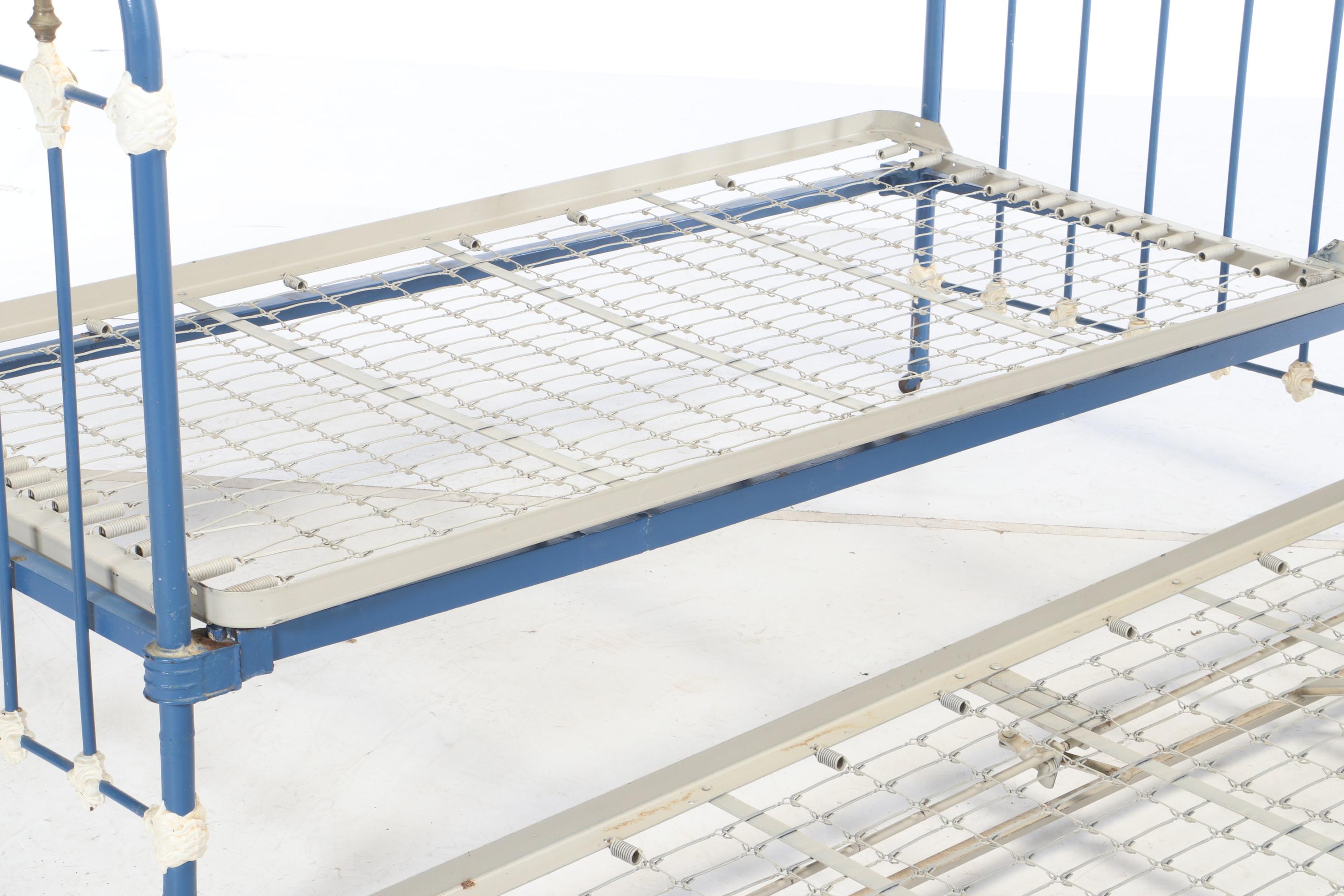 Antique Painted Cast Iron and Brass Twin Bed Frame with Trundle