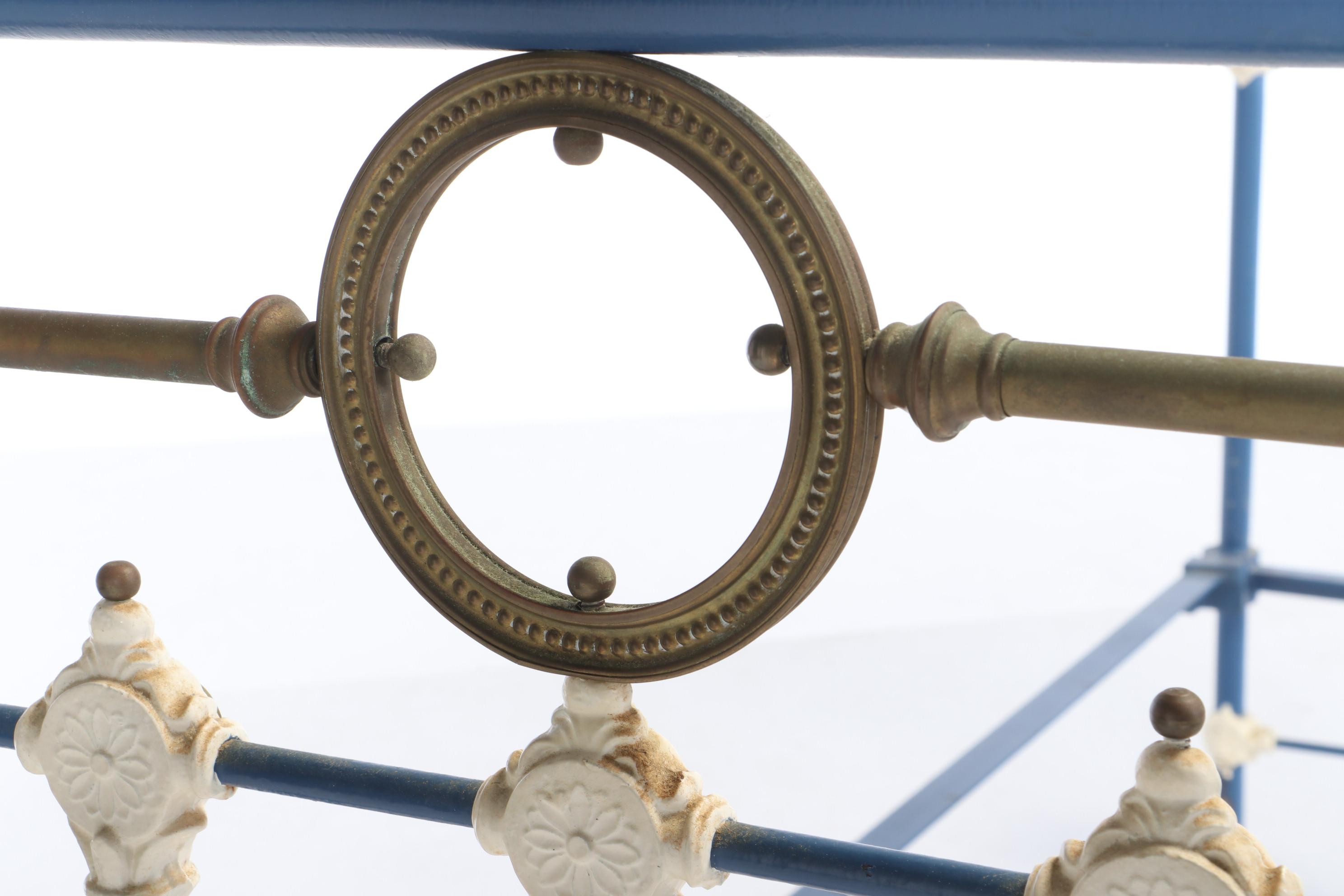 Antique Painted Cast Iron and Brass Twin Bed Frame with Trundle